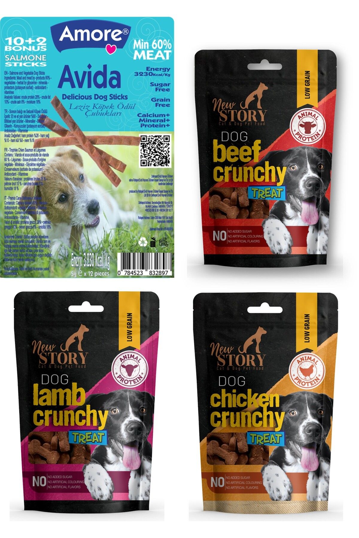 Amoredog Kemik şeklinde 3x80gr Yumuşacık Köpek ödülü Lamb-beef-chicken Crunchy, Avida 12li Dog Salmon Sticks