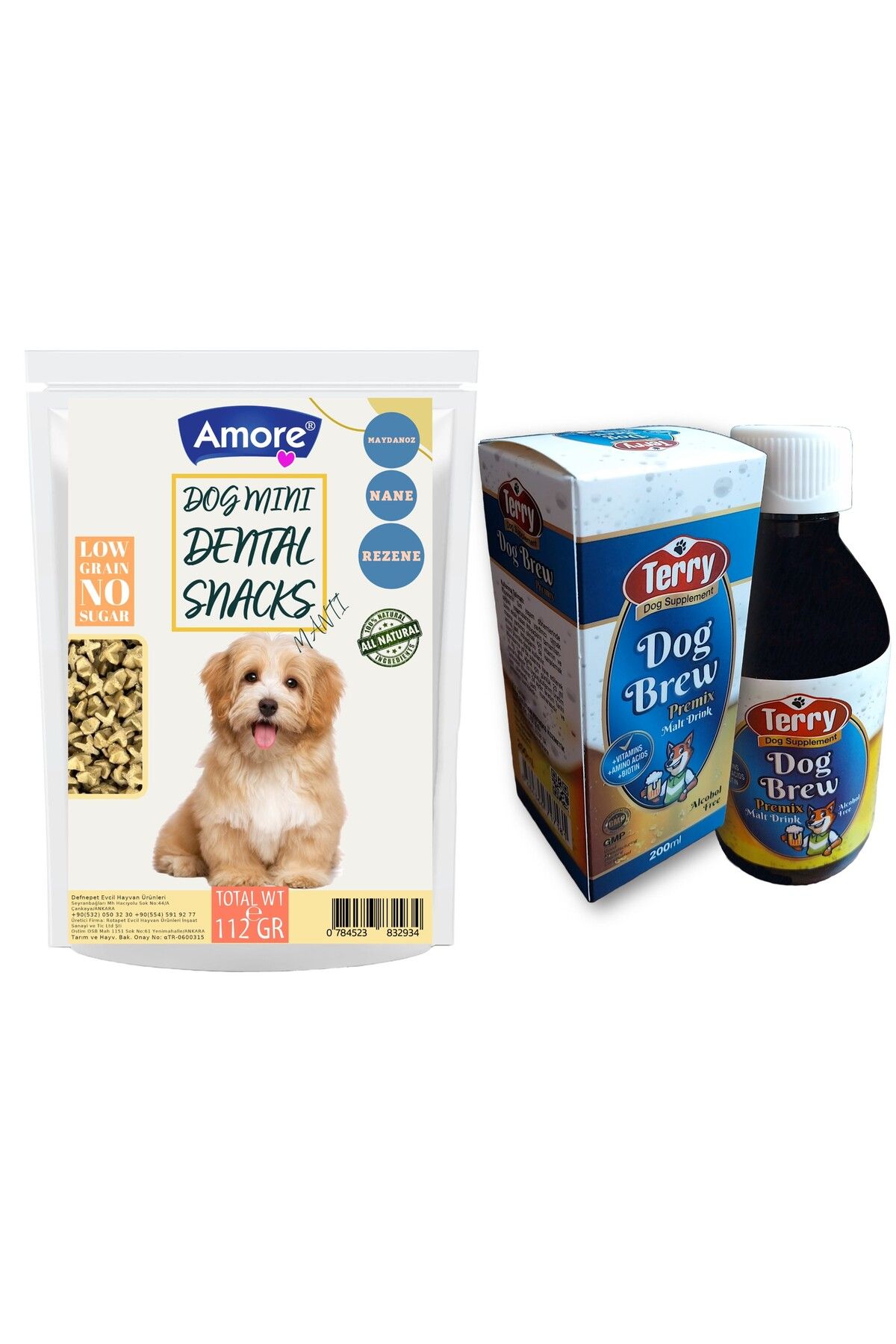 Amoredog Köpek Ağız Kokusu Diş Sağlığı Mini-dental ödül Maması, 200ml Malt Içecek Dog-brew D-biotin Taurin