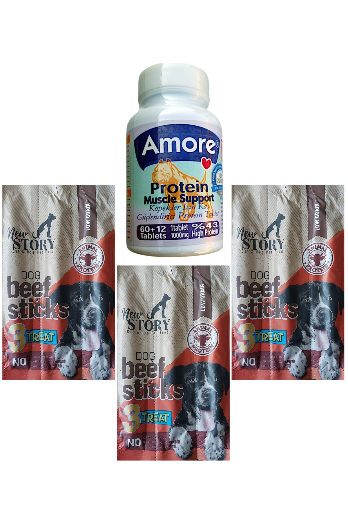 Amoredog Kopek Protein Vitamin Tablet 72li Kas Destegi, Sigir Etli Kopek Odul Sticks 3 Adet 3lu