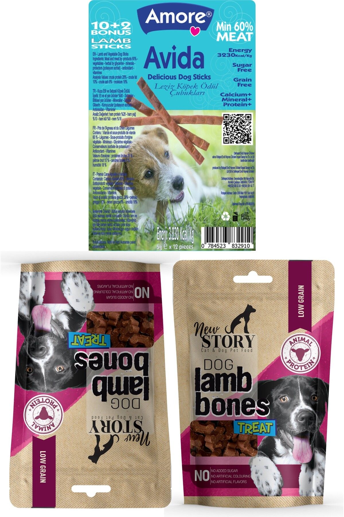 Amoredog Kuzu Etli Kemik şeklinde 2x80gr Yumuşacık Köpek ödül Maması, Avida 12li Dog Lamb Sticks