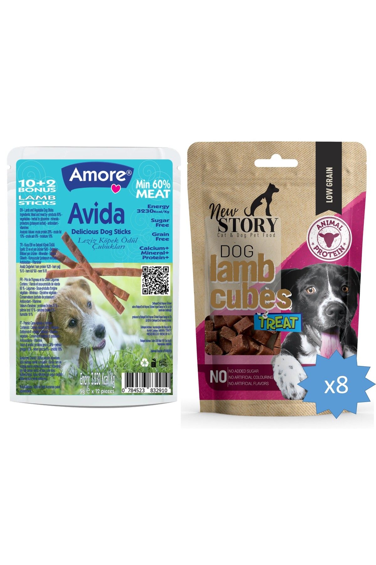 New Story Kuzu Etli Küp şekilli 8x80gr Yumuşacık Köpek ödül Maması, Avida 12li Sticks
