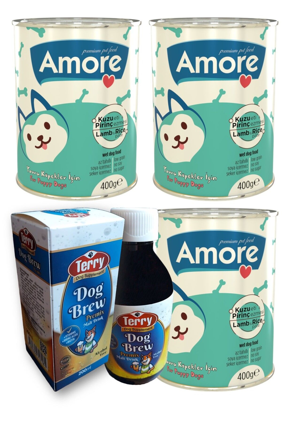 Amoredog Kuzu Etli Pate Yavru Köpek 3-konservesi, Terry Dog Brew Premiks D-biotin Taurin 200ml Malt Içeceği