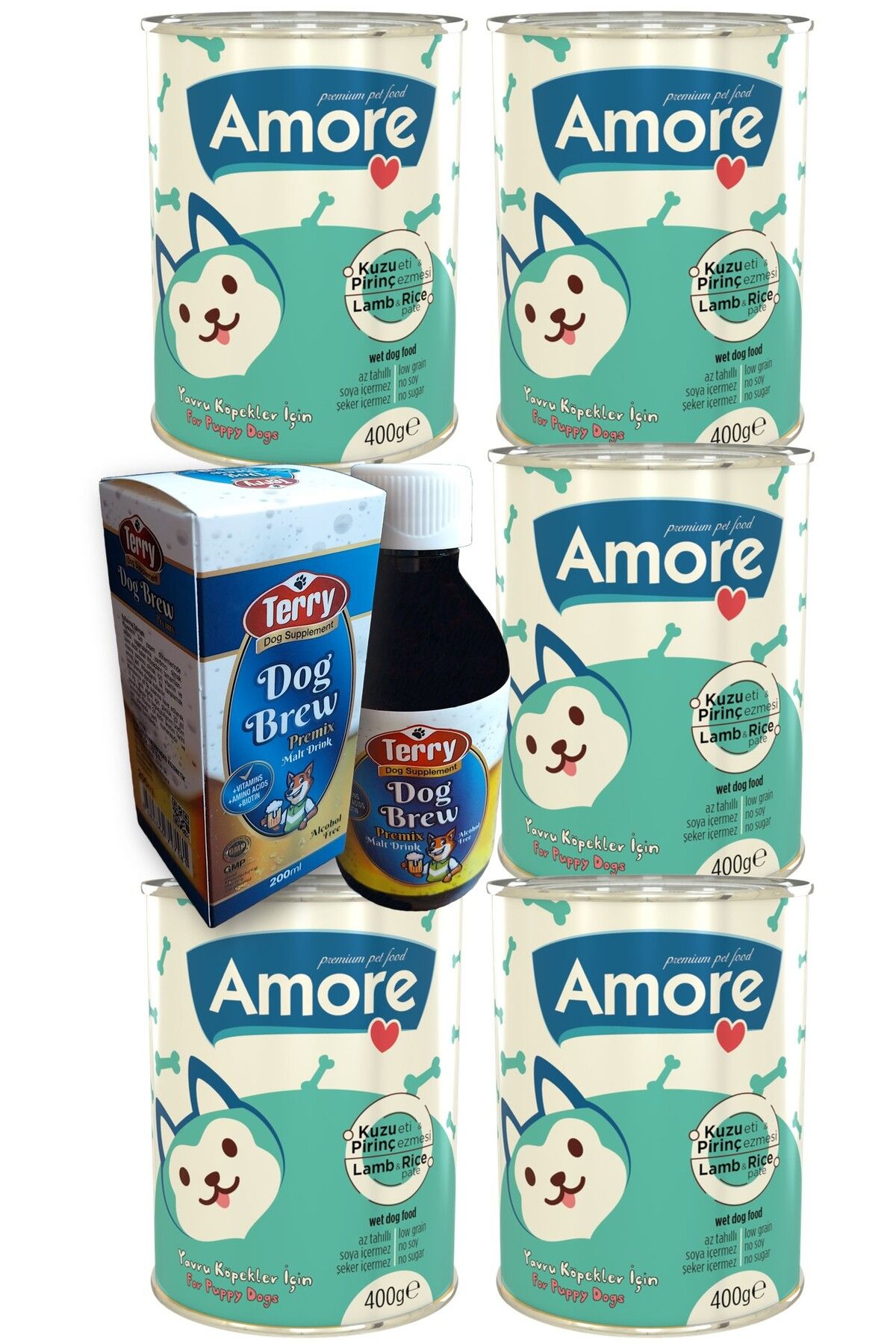 Amoredog Kuzu Etli Pate Yavru Köpek 5-konservesi, Terry Dog Brew Premiks D-biotin Taurin 200ml Malt Içeceği
