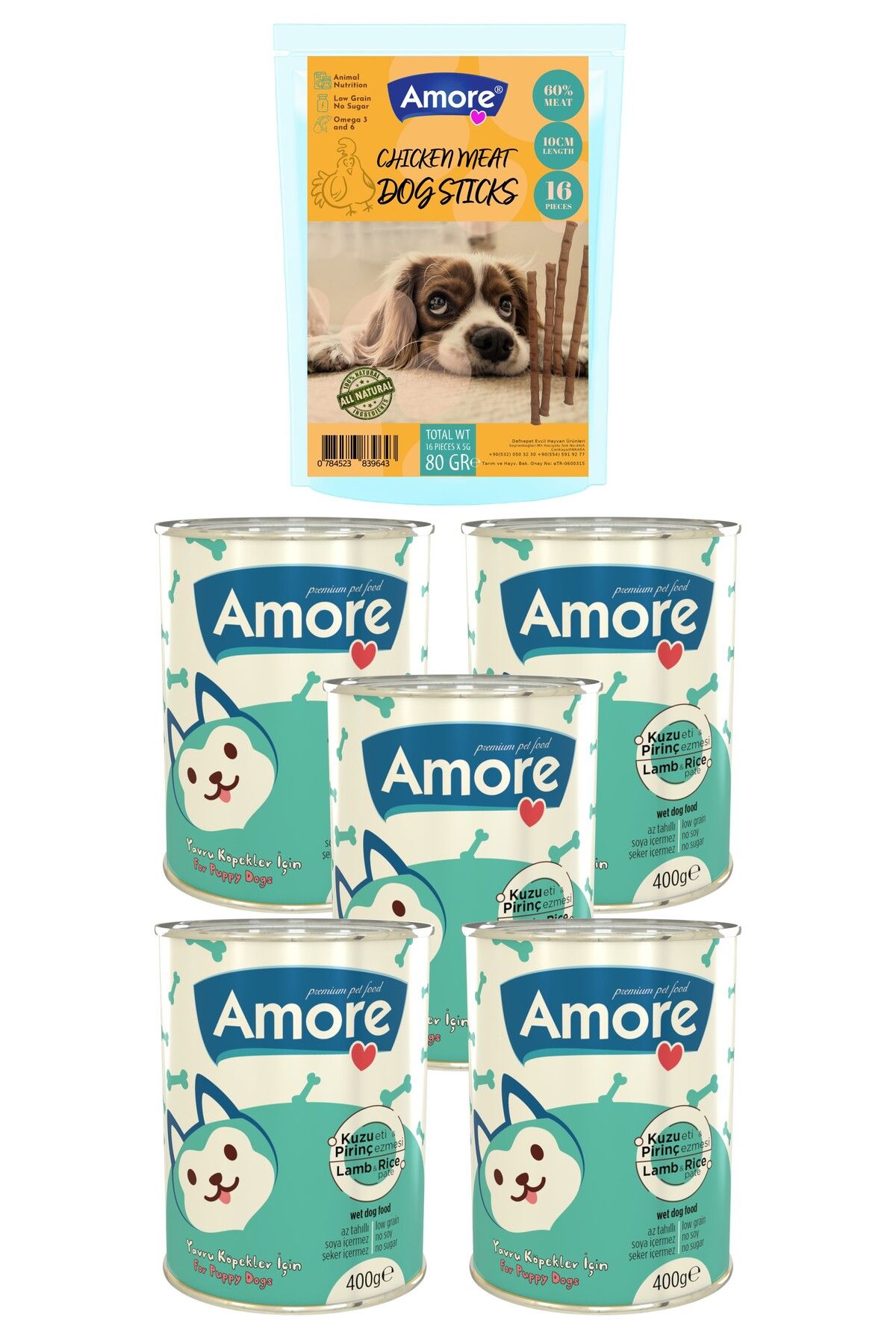 Amoredog Kuzu Etli Pirinçli 5li Yavru Köpek Konservesi, 16lı ödül çubuğu Dog-chicken-meat-sticks