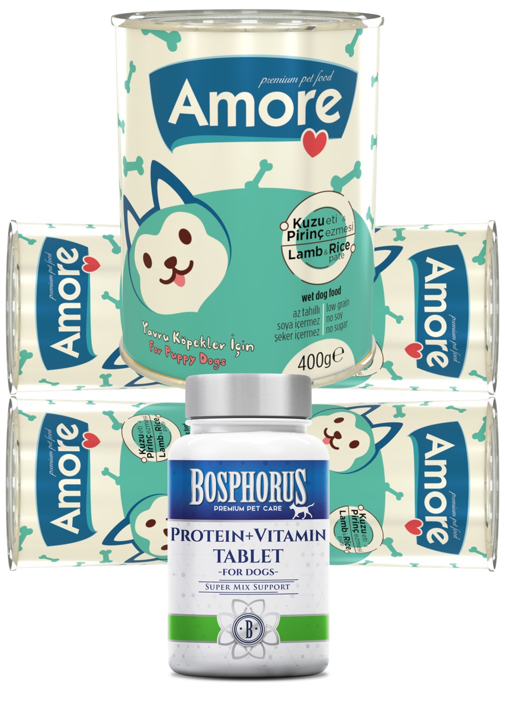 Amoredog Kuzu Etli Pirinçli Yavru Köpek Konservesi 5 Adet + Bosphorus Protein Vitamin Tablet