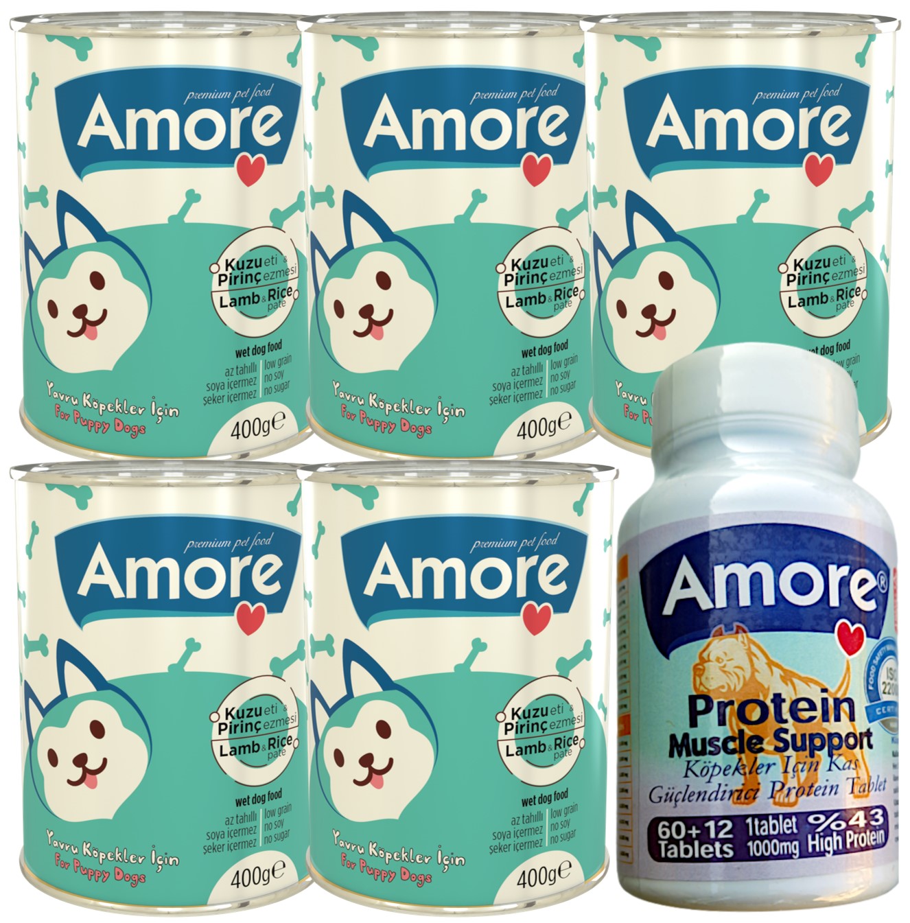Amore Kuzu Etli Pirinçli Yavru Köpek Konservesi 5li ve Kas Desteği 72 Adet Protein XL Tableti Muscle