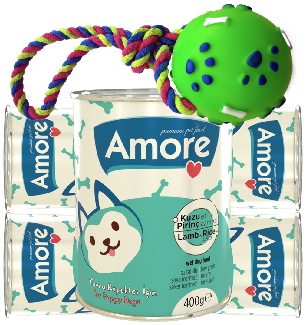 Amoredog Kuzu Etli Ve Pirinçli Yavru Köpek Konservesi 5x400gr + Fırlatılacak Ipli Top Köpek Oyuncağı