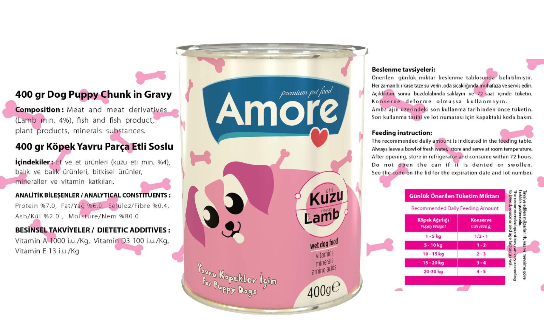 Amore Kuzu Etli Yavru Köpek Konserve Pate 3x400gr + Chunks 2x400gr + Şampuan 200ml