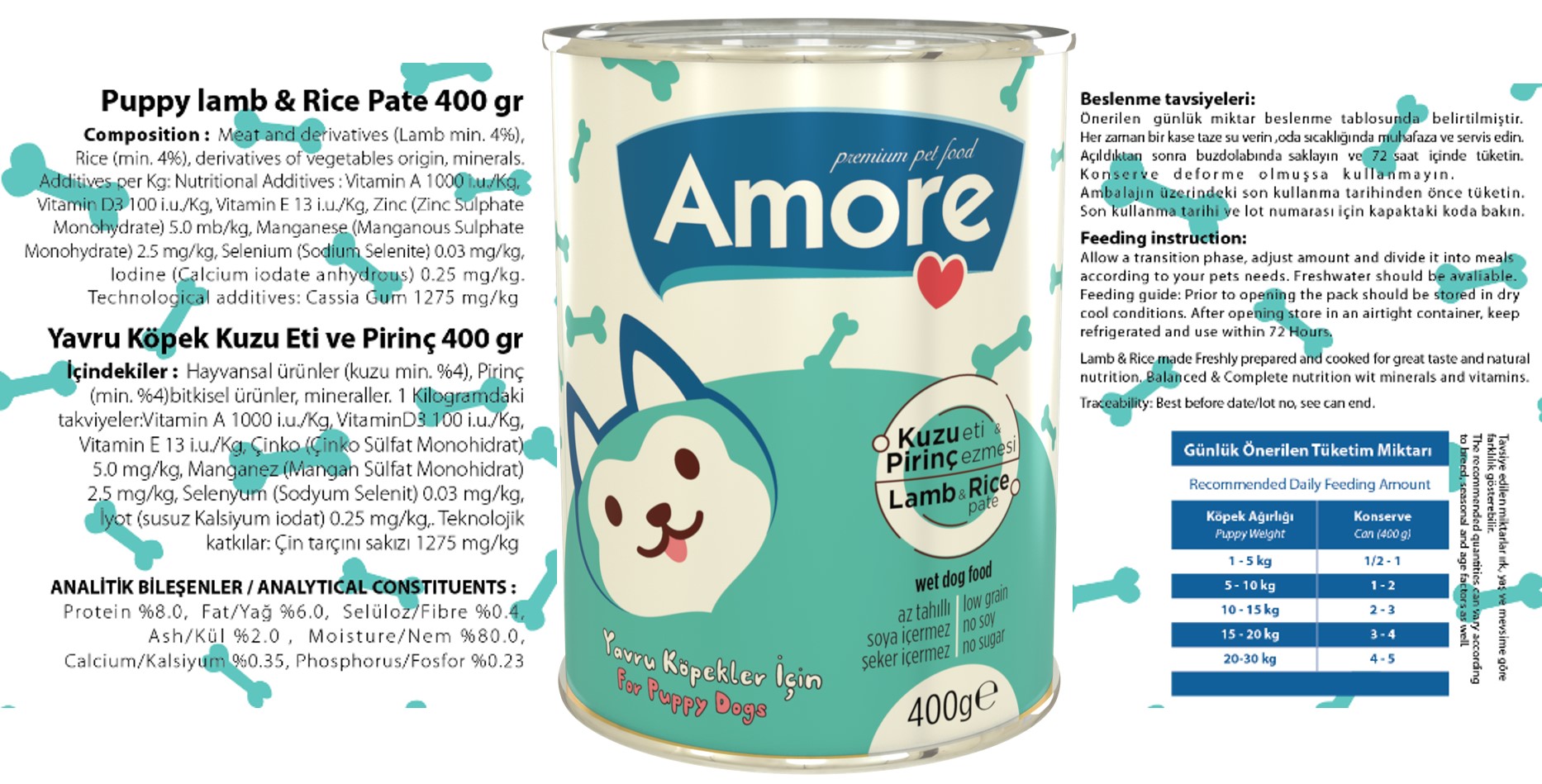 Amore Kuzu Etli Yavru Köpek Konserve Pate 3x400gr + Chunks 2x400gr + Şampuan 200ml