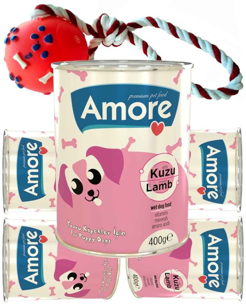 Amoredog Kuzu Etli Yavru Köpek Konservesi 5x400gr + Fırlatılacak Ipli Top Köpek Oyuncağı