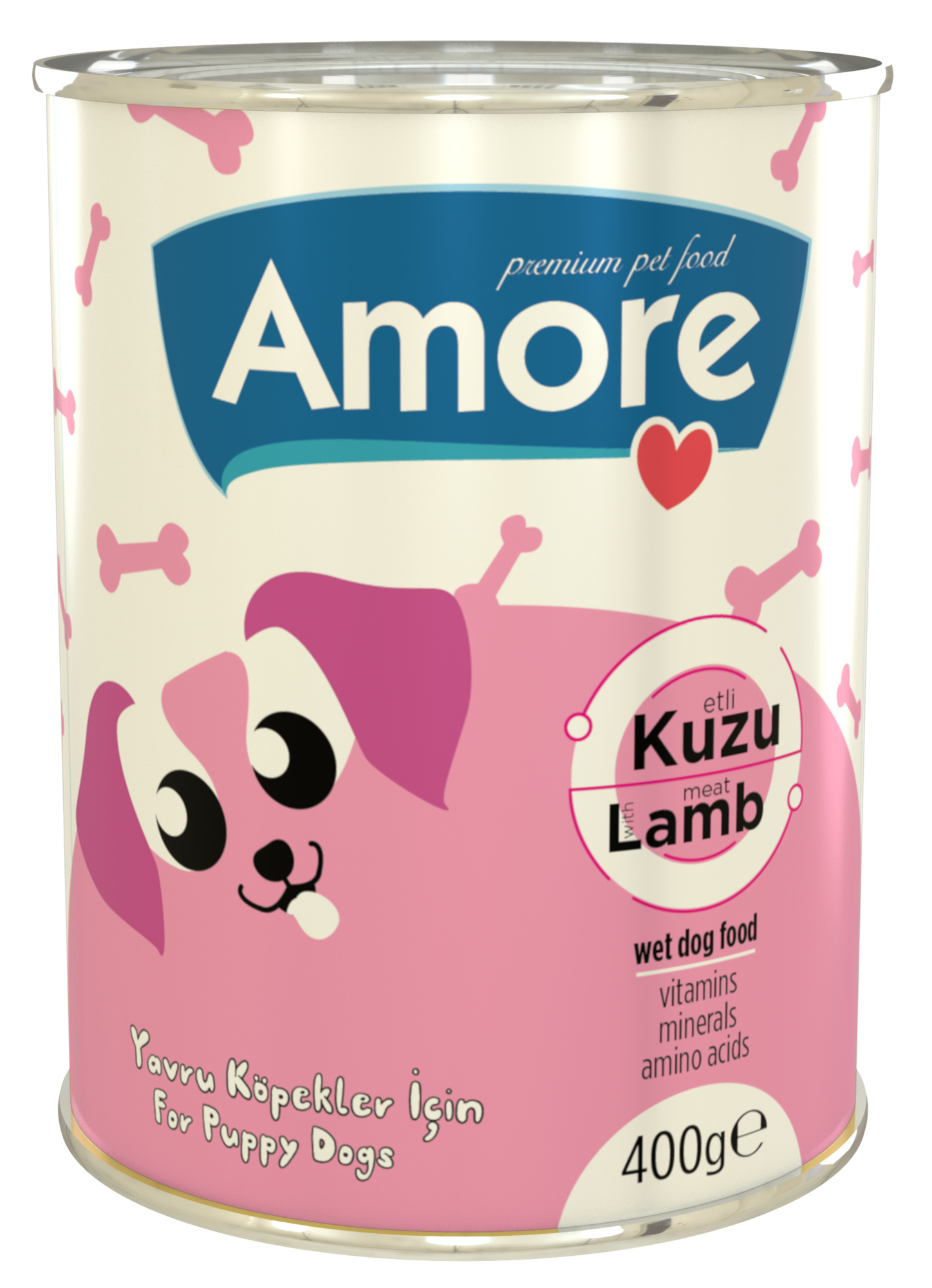 Amore Kuzu Etli Yavru Köpek Konservesi 5x400gr + Fırlatılacak İpli Top Köpek Oyuncağı