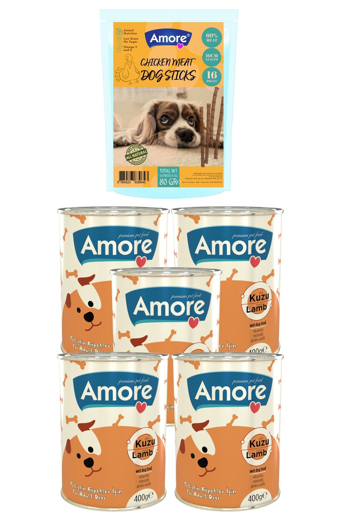 Amoredog Kuzu Parça Etli 5li Köpek Konservesi, 16lı ödül çubuğu Dog-chicken-meat-sticks