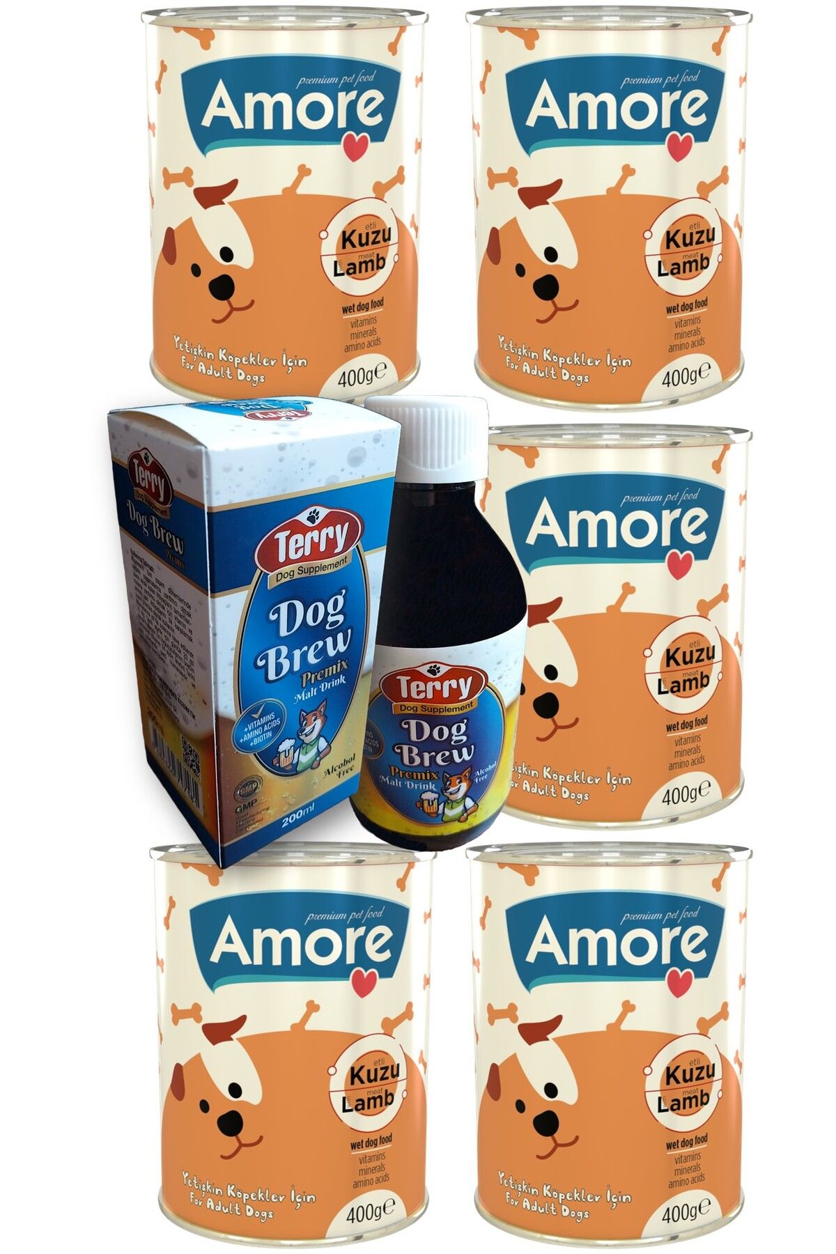 Amoredog Kuzu Parça Etli Köpek 5-konservesi, Terry Dog Brew Premiks D-biotin Taurin 200ml Malt Içeceği