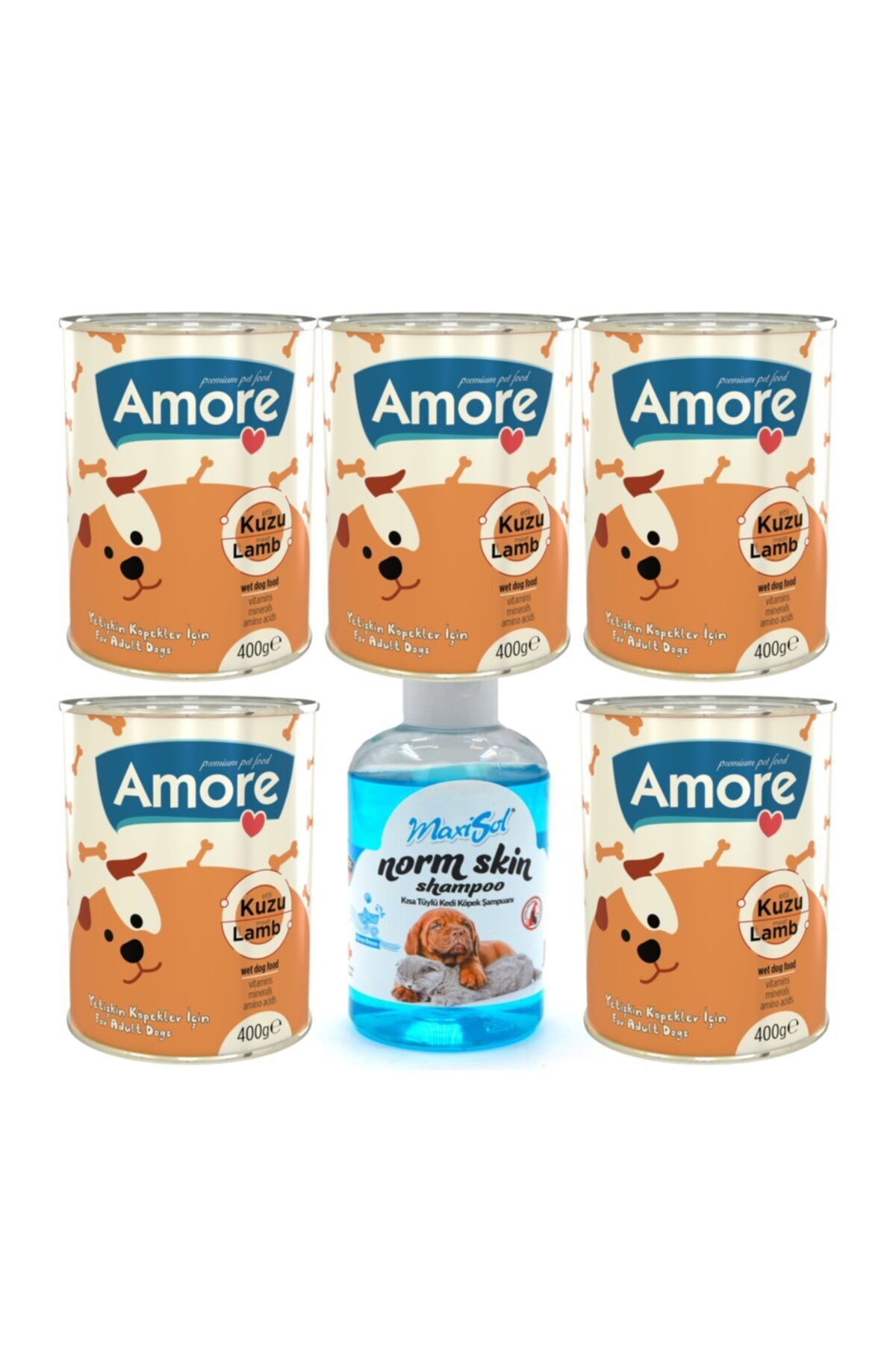 Amoredog Kuzu Parca Etli Kopek Konserve Chunks 5x400gr + Kisa Tuylu Kopek Sampuani 200ml