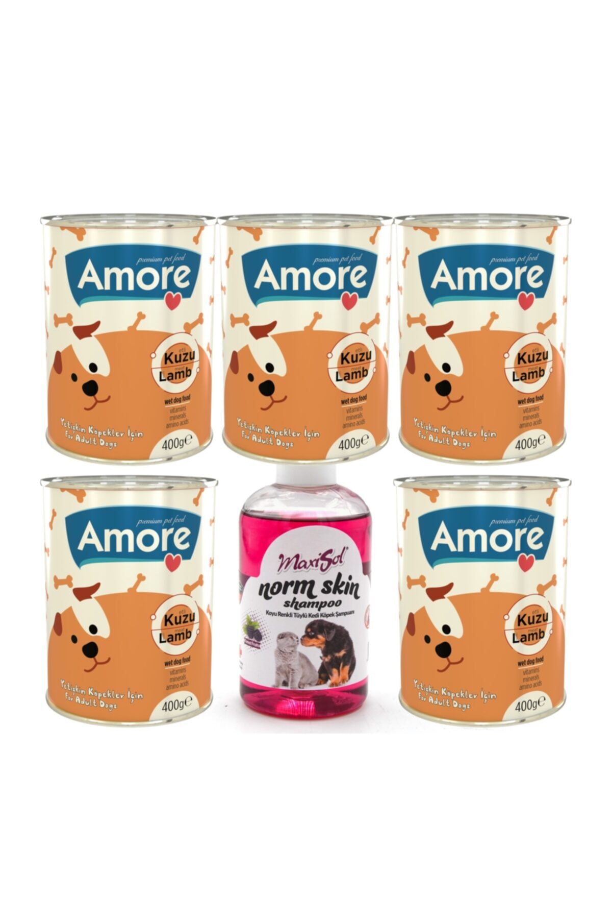 Amoredog Kuzu Parca Etli Kopek Konserve Chunks 5x400gr + Koyu Tuylu Kopek Sampuani 200ml