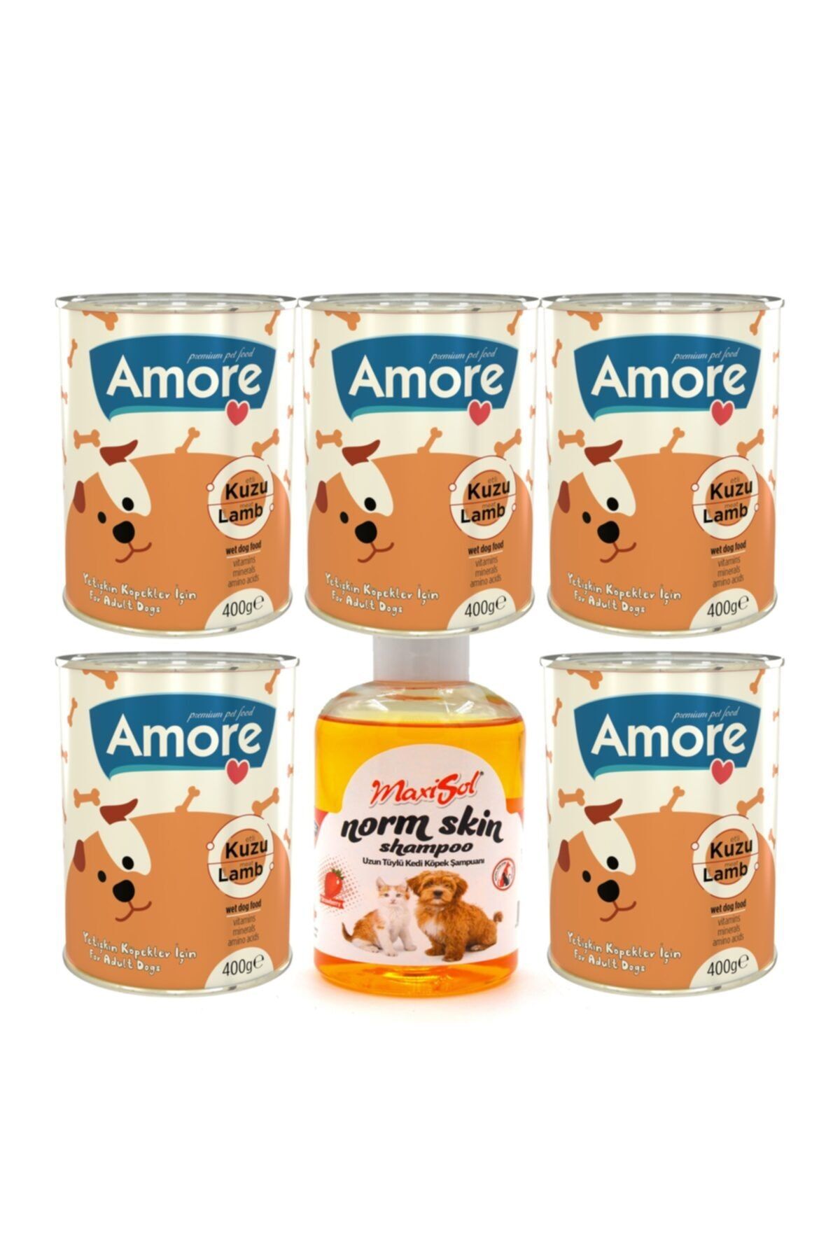 Amoredog Kuzu Parca Etli Kopek Konserve Chunks 5x400gr + Uzun Tuylu Kopek Sampuani 200ml