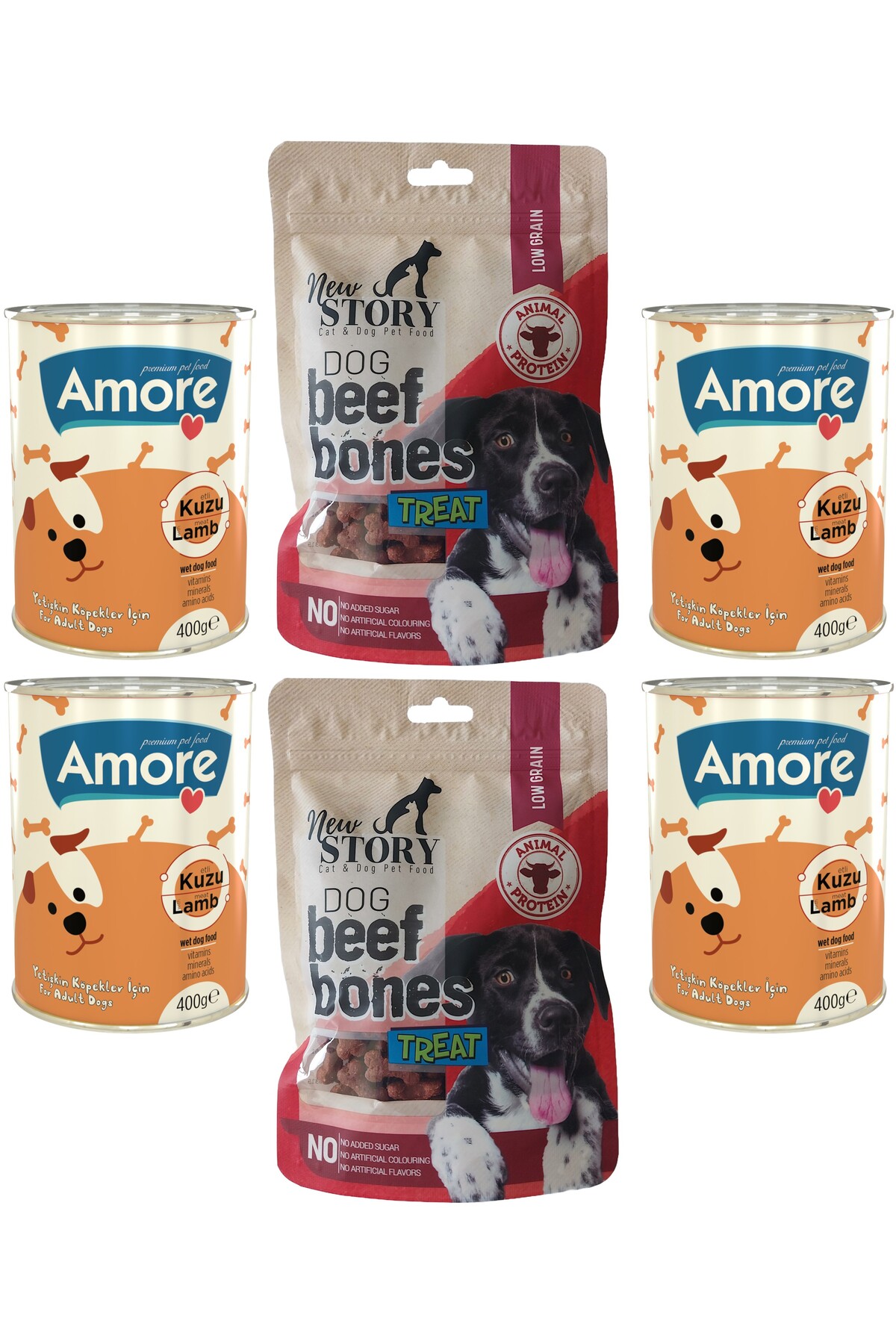 Amore Kuzu Parca Etli Kopek Konservesi 4lu, Dog Beef Bones 2x80gr Sigir Etli Yumusak Odul Mamasi