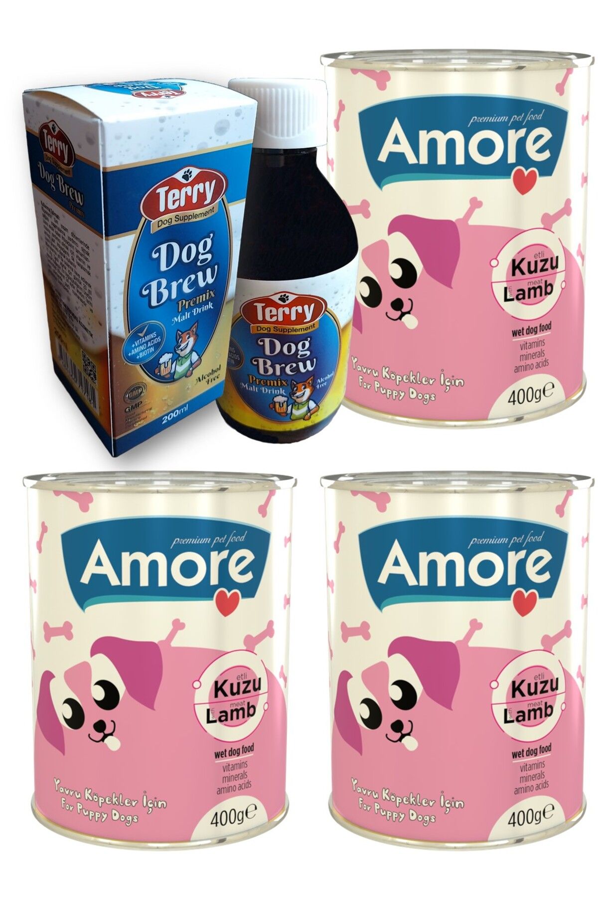 Amoredog Kuzu Parça Etli Yavru Köpek 3-konservesi, Terry Dog Brew Premiks D-biotin Taurin 200ml Malt Içeceği