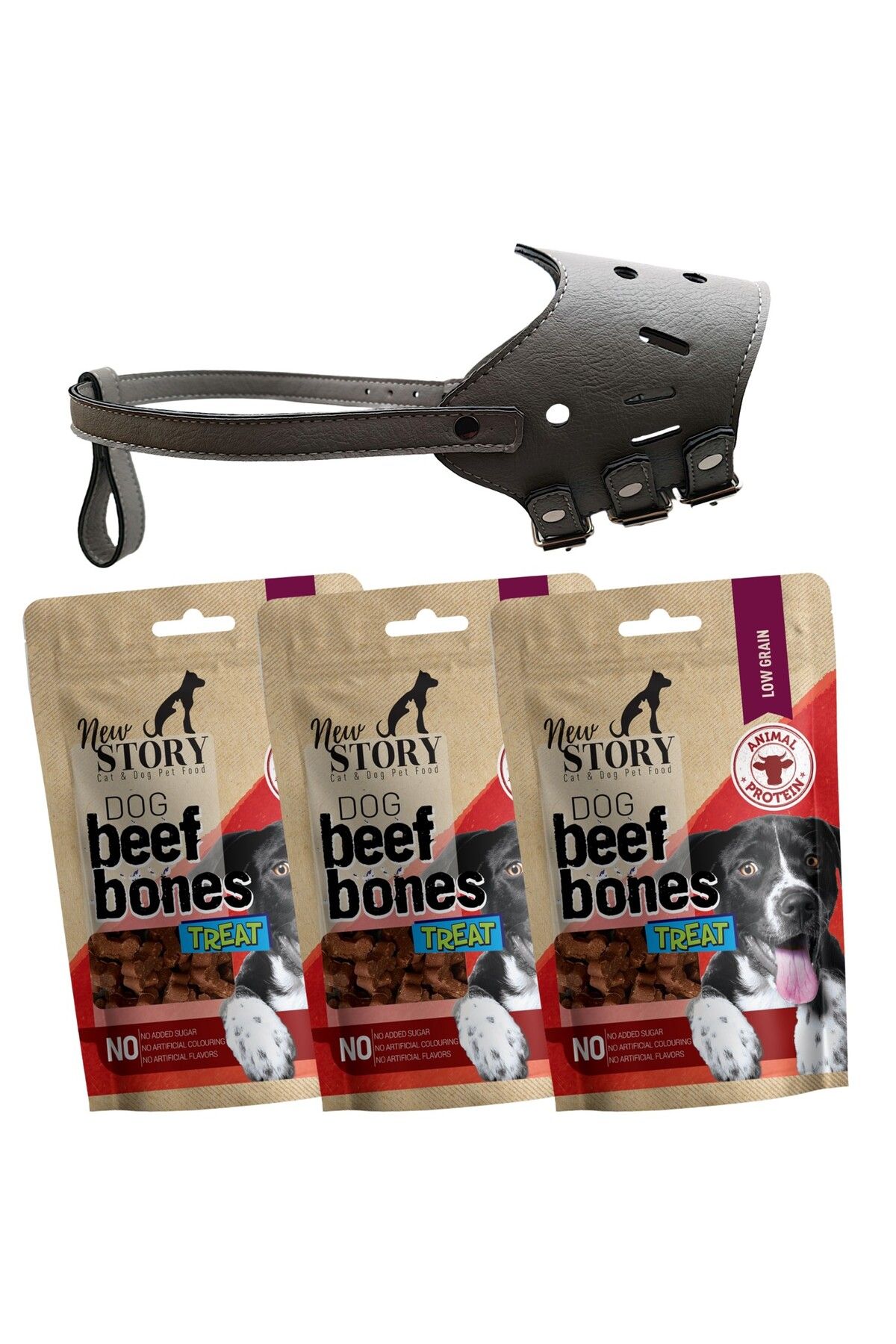 Lassie Ayarlanabilir Yumuşacık Uzun Burun Köpek Ağızlığı Grigio, Beef Bones 3x80gr Ödül