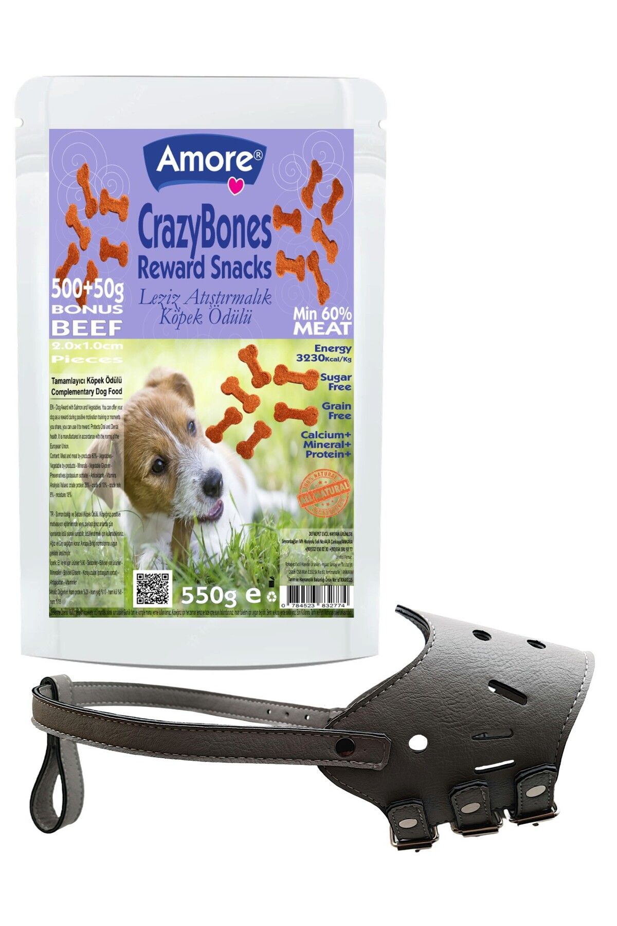 Lassie Ayarlanabilir Yumuşacık Uzun Burun Köpek Ağızlığı Grigio, Crazy Beef Bones Ödül 550gr