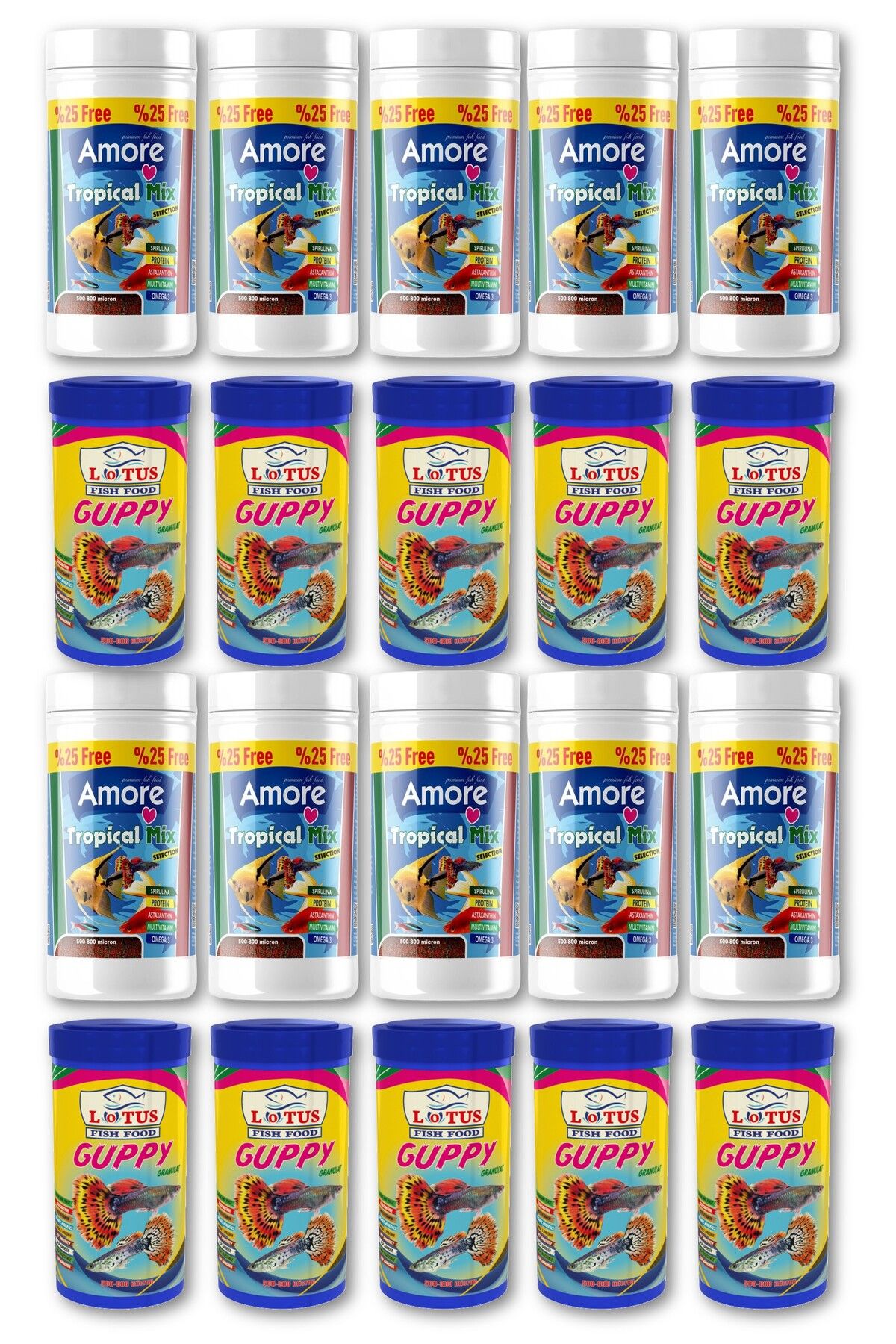 Lepistes-Melek-Plati-Moli Balığı Granül Yemi 10x125 ml Tropikal Mix Selection, 10x100ml Lotus Guppy