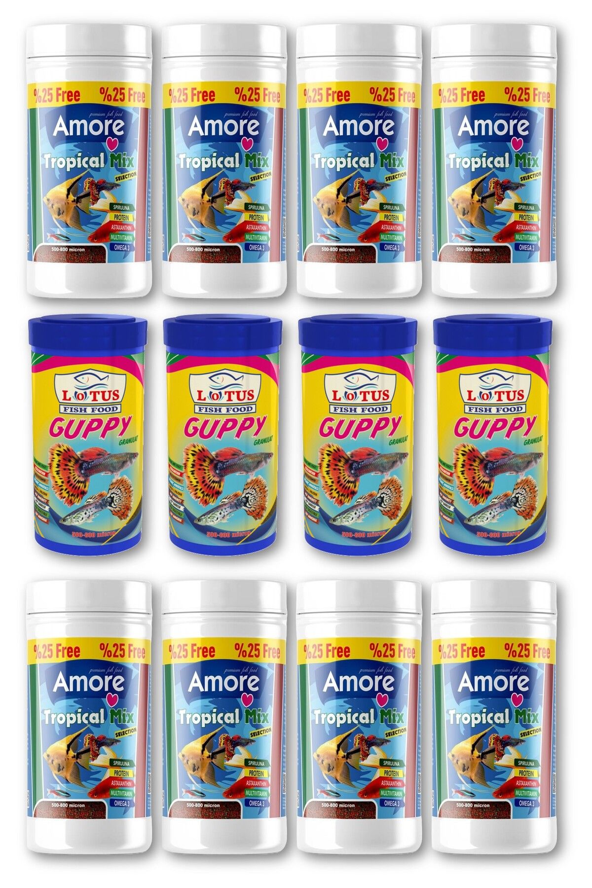 Lepistes-Melek-Plati-Moli Balığı Granül Yemi 8x125 ml Tropikal Mix Selection, 4x100ml Lotus Guppy