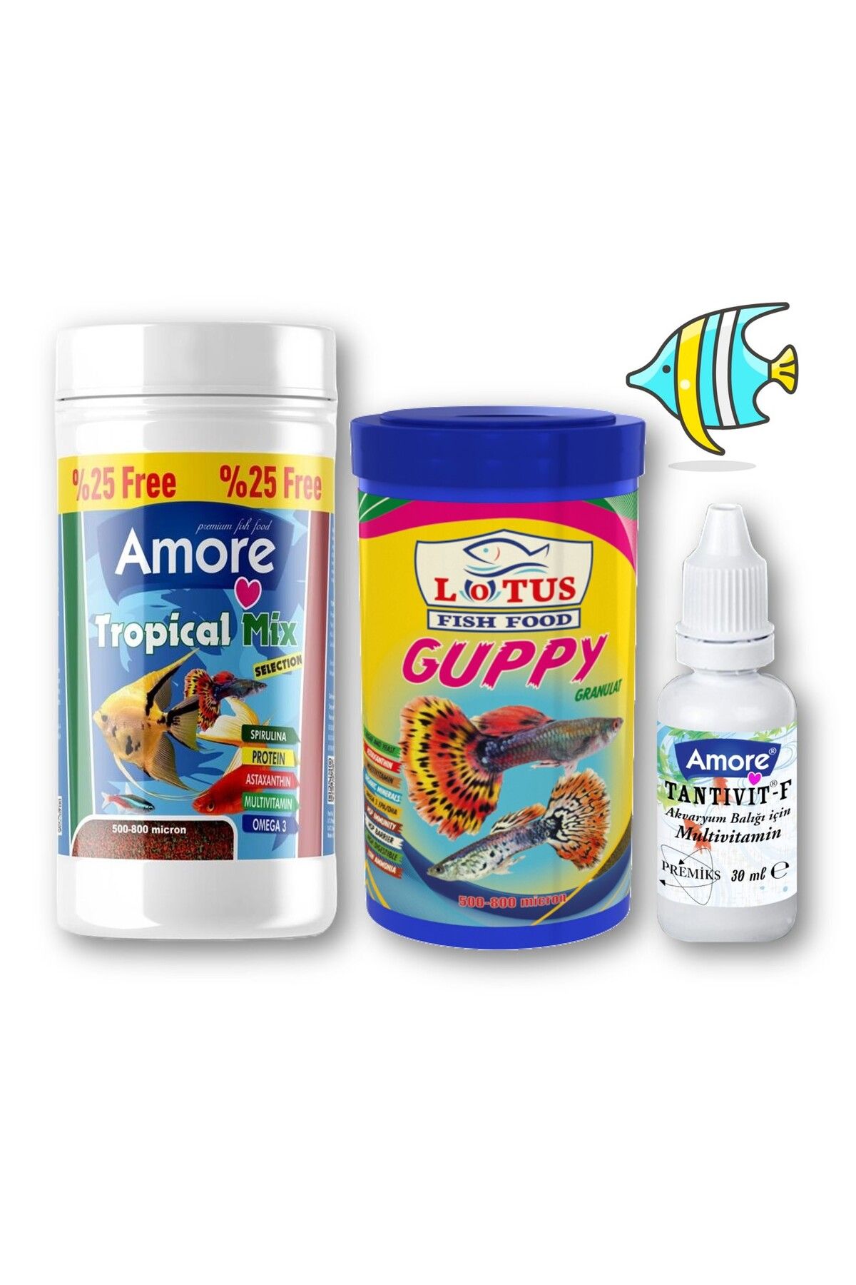 Lepistes-Melek-Plati-Moli Balik Yemi 125ml, Lotus Guppy Granul 100ml, Multivitamin