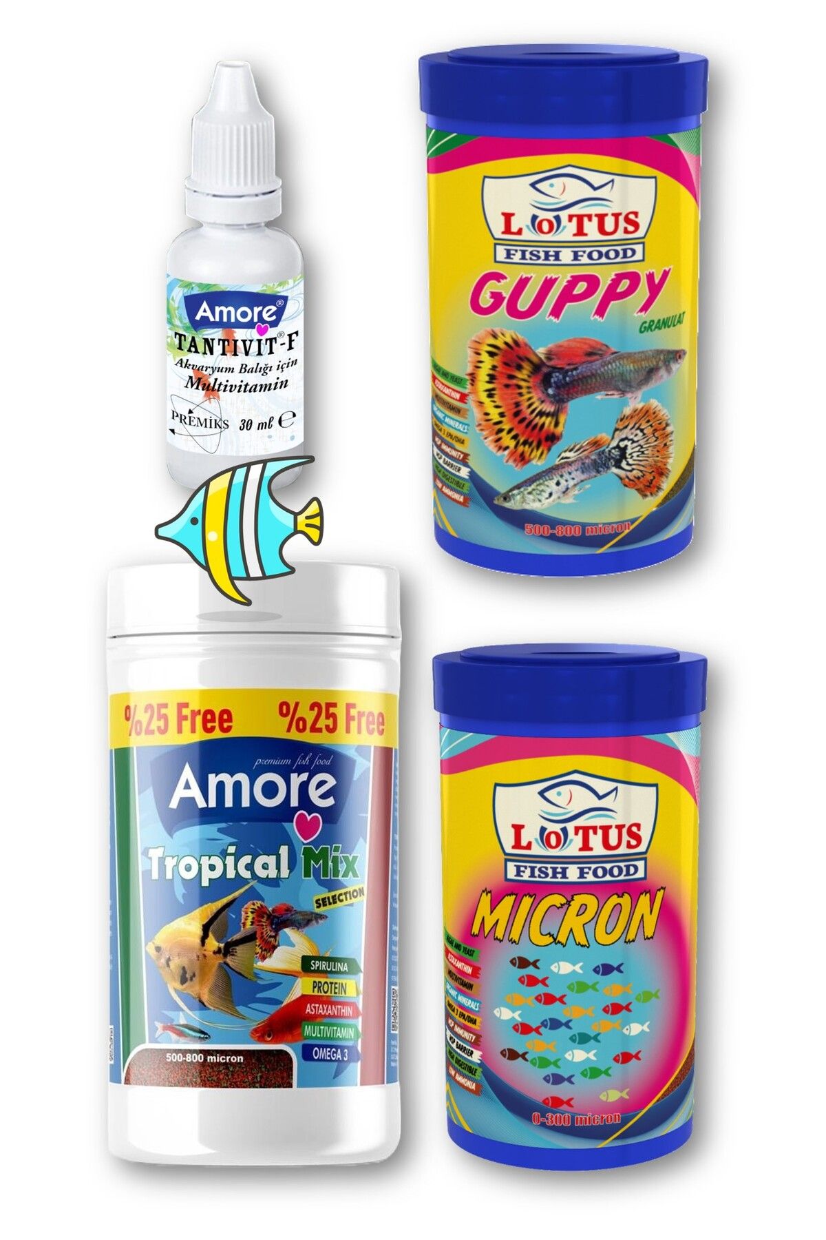 Lepistes-Melek-Plati-Moli Balik Yemi 125ml, Lotus Guppy Granul 100ml, Yavru 100ml, Vitamin