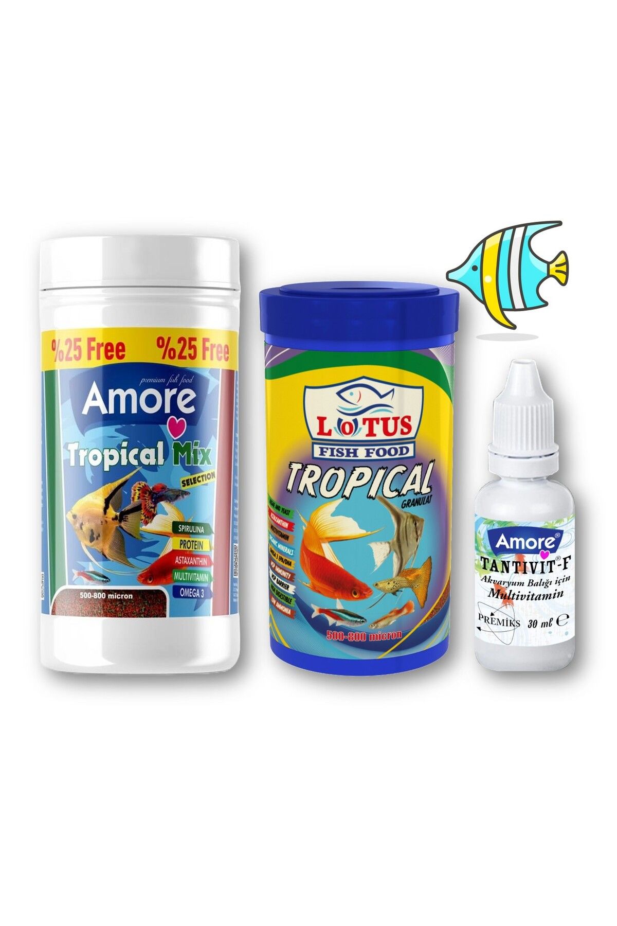 Lepistes-Melek-Plati-Moli Balık Yemi 125ml, Lotus Tropikal Granül 100ml, Multivitamin