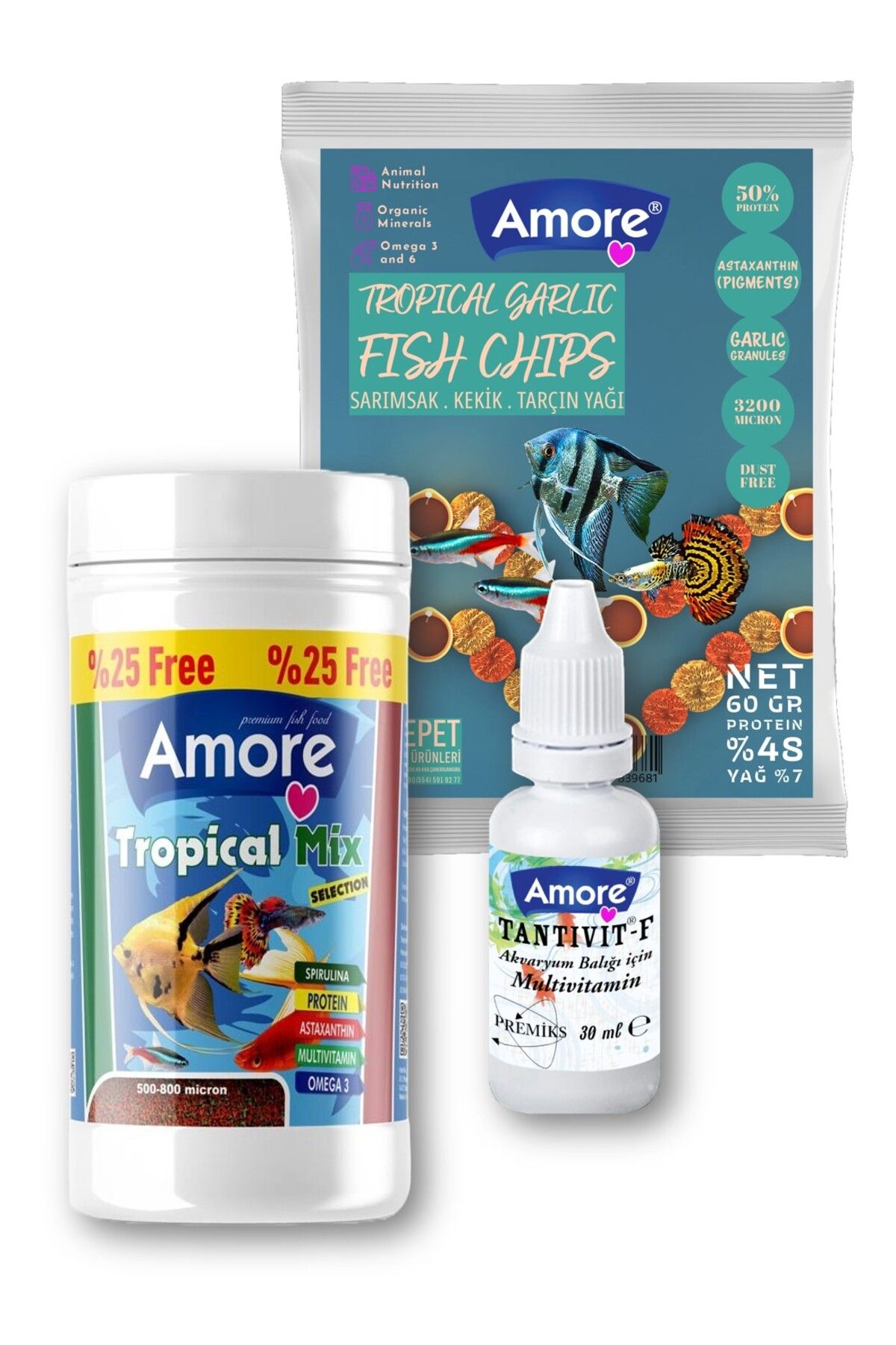 Lepistes-Melek-Plati-Moli Tropical Mix 125 ml, Garlic Fish Chips 60gr Balık Yemi, Tantivit-F