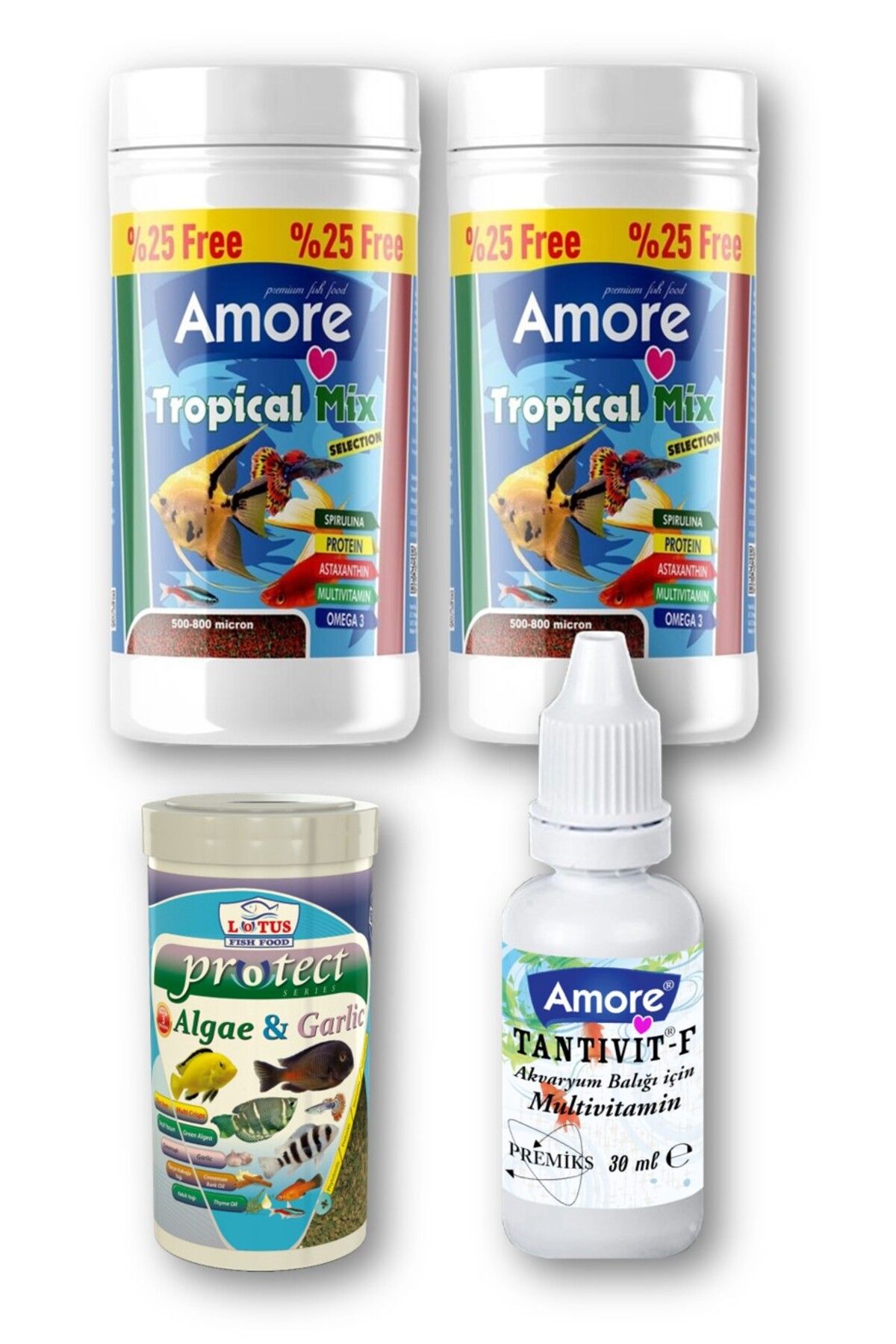 Lepistes-Melek-Plati-Moli Tropical Mix 2x125 ml, Protect Algae Garlic 100 ml Sarımsak, Multivitamin