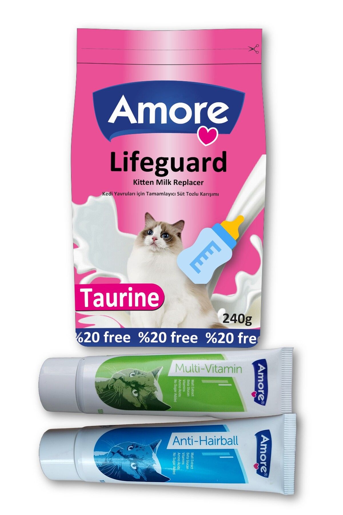 Amorecat Lifeguard 240gr Yavru Kedi Süt Tozu, Anti Hairball, Multivitamin Malt-paste 100ml