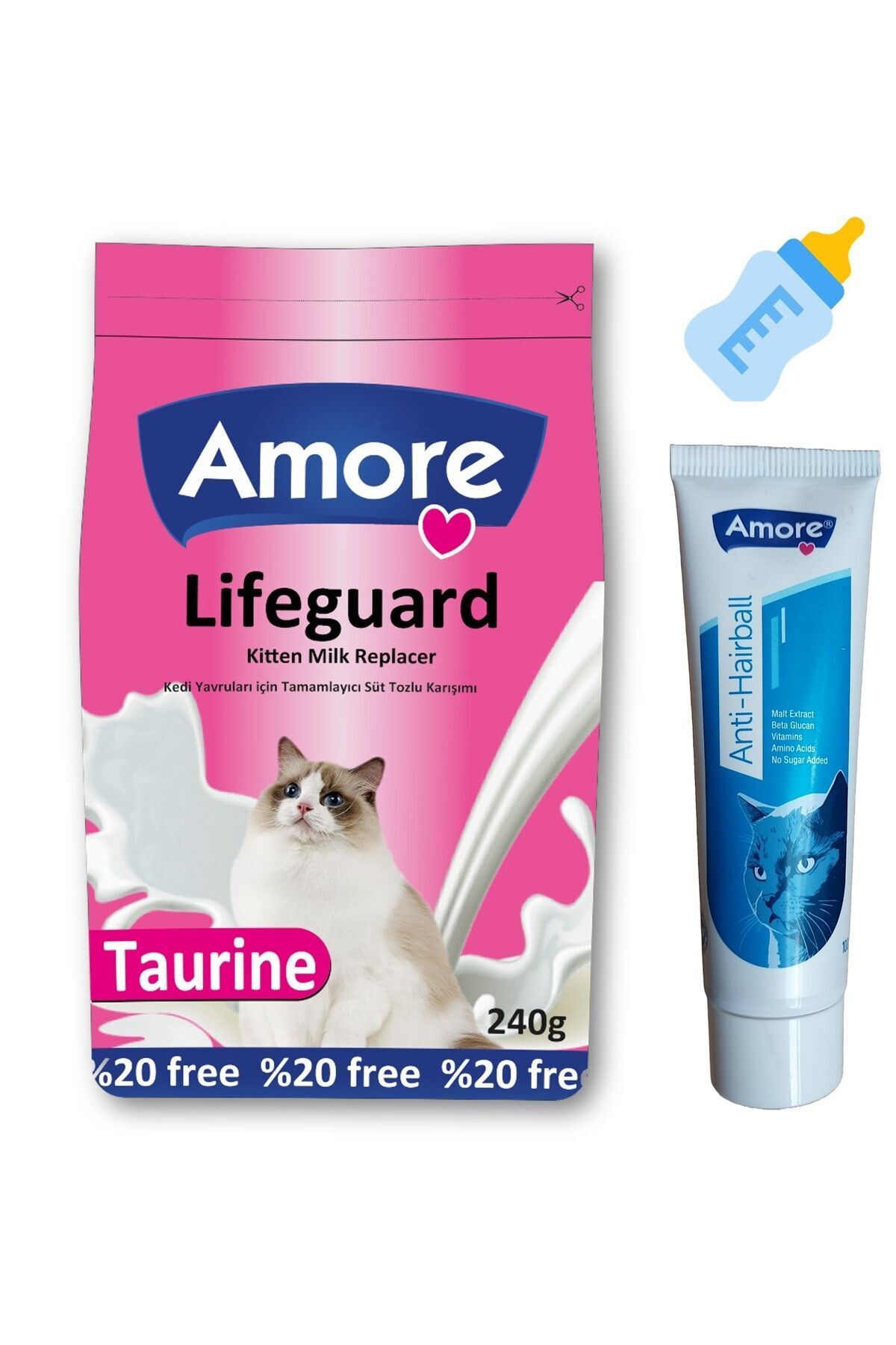 Amorecat Lifeguard 240gr Yavru Kedi Süt Tozu, Kedi Tüy Yumağı önleyici 100ml Malt-pasta, Biberon