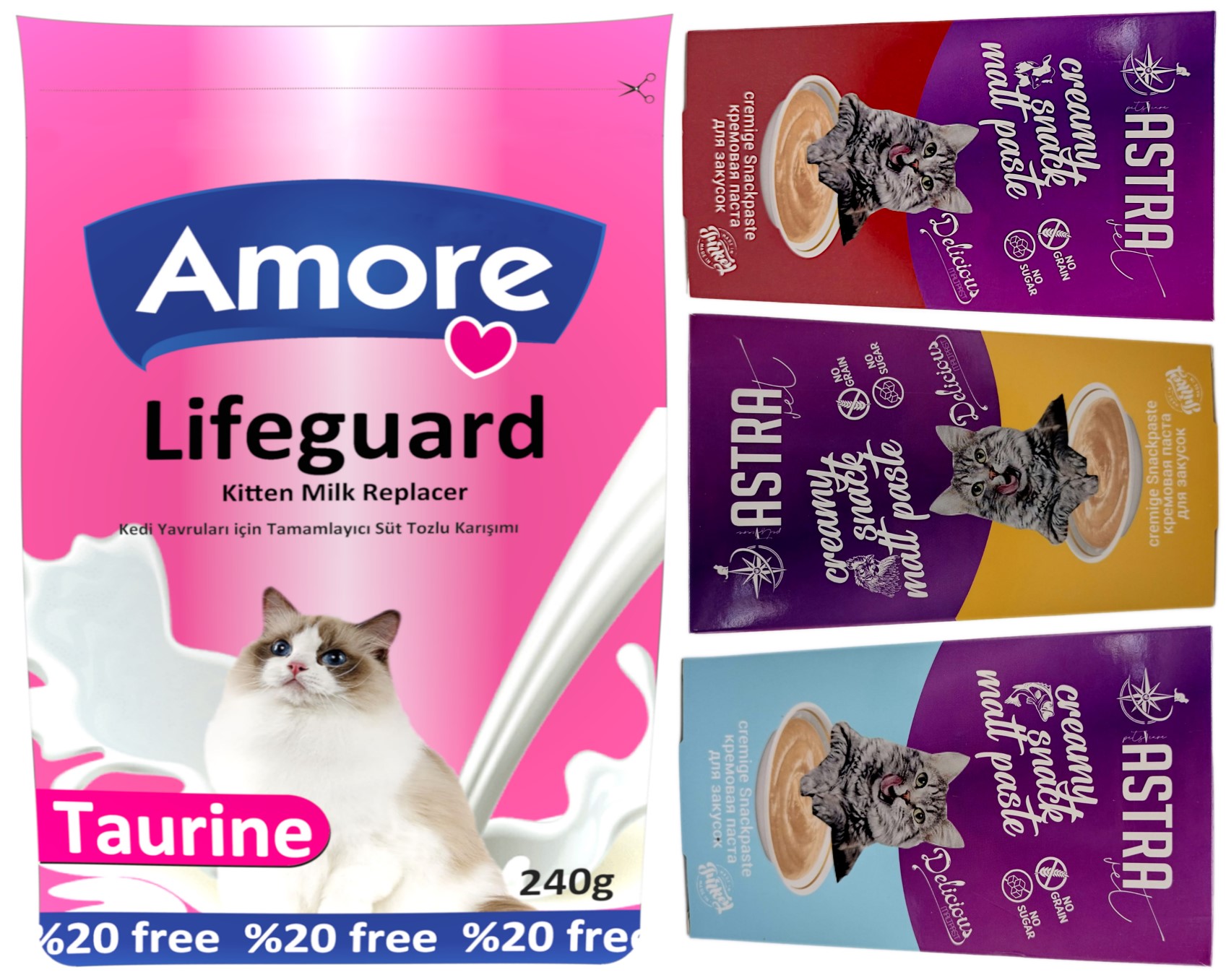 Amore LifeGuard Kedi Süt Tozu 240gr ve 3lü Kremalı Atıştırmalık Snack Paste Malt