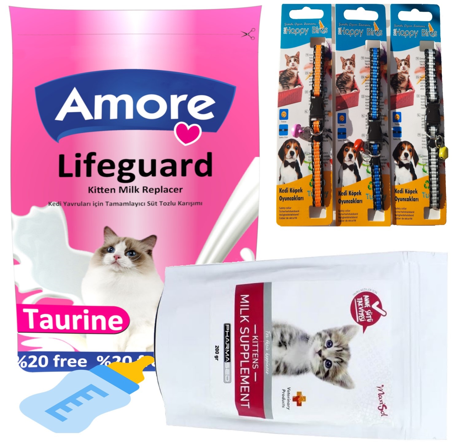 Amore LifeGuard Kedi Süt Tozu 240gr + Maxisol 200gr + 3 Boyun Tasma + Biberon 40ml