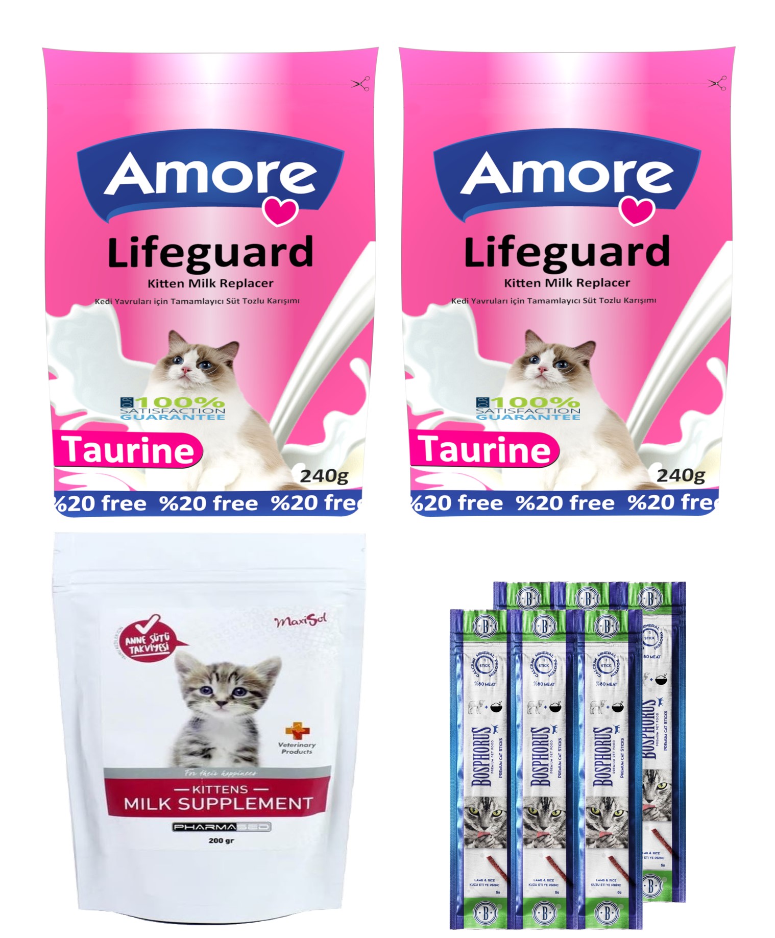 Amore LifeGuard Kedi Süt Tozu 2x240g + Maxisol Kitten Milk Supplement 200g + 2 adet 3lü Sticks