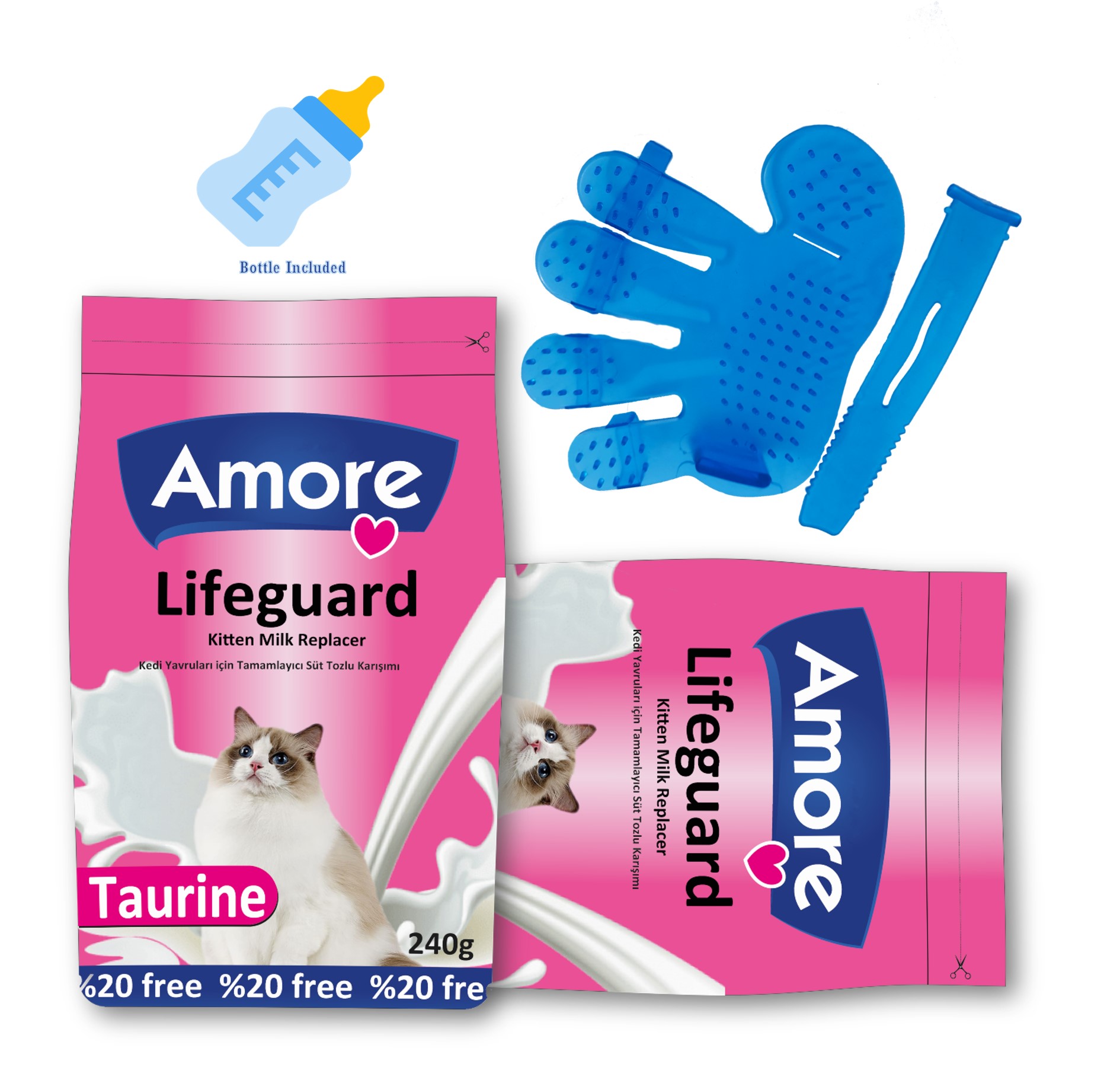 Amore LifeGuard Kedi Süt Tozu 2x240gr, Biberon, Kitten Tüy Toplama Eldiveni XS