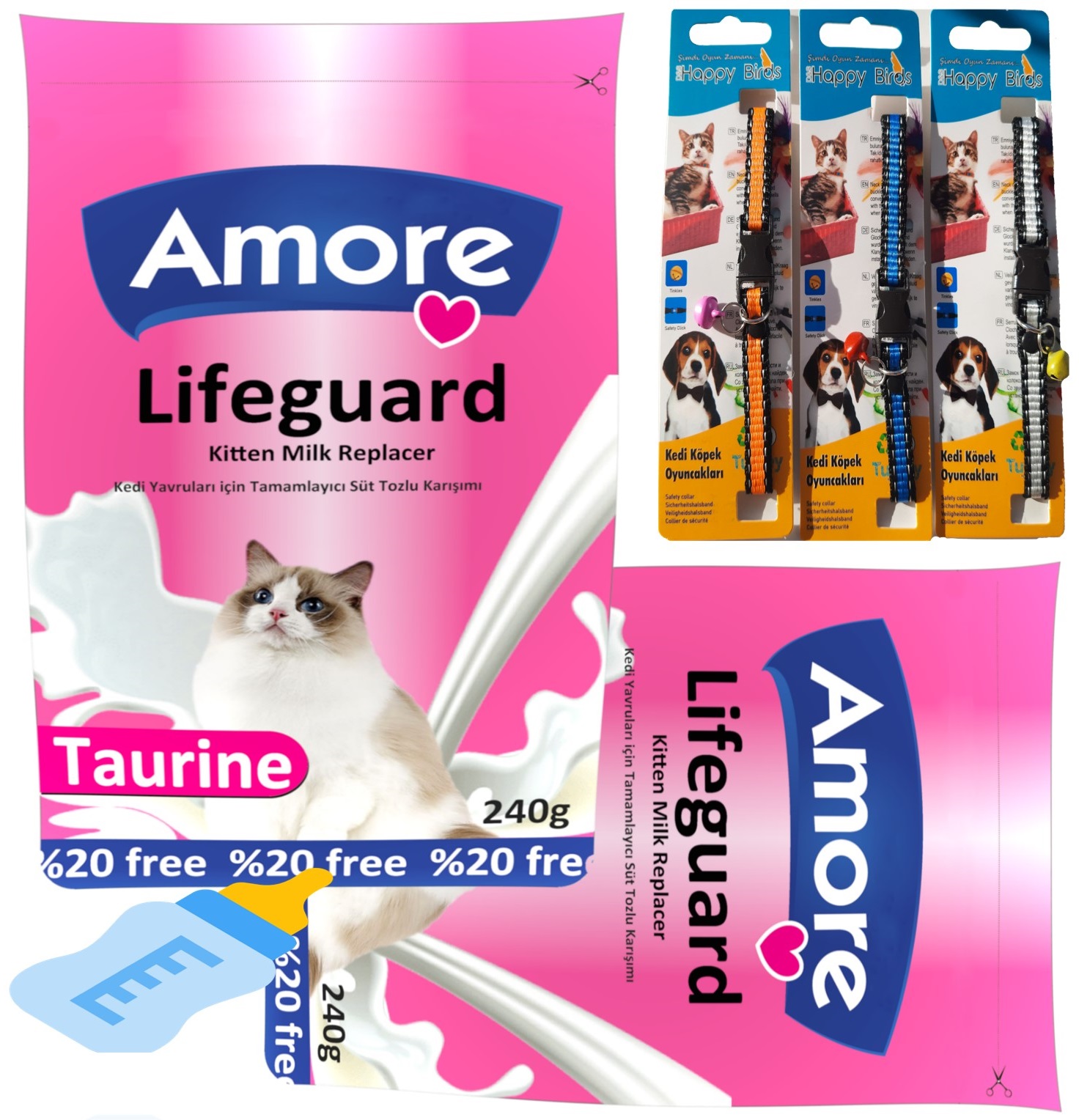 Amore LifeGuard Kedi Süt Tozu 480gr ve 3 Kedi Boyun Tasması ve Biberon