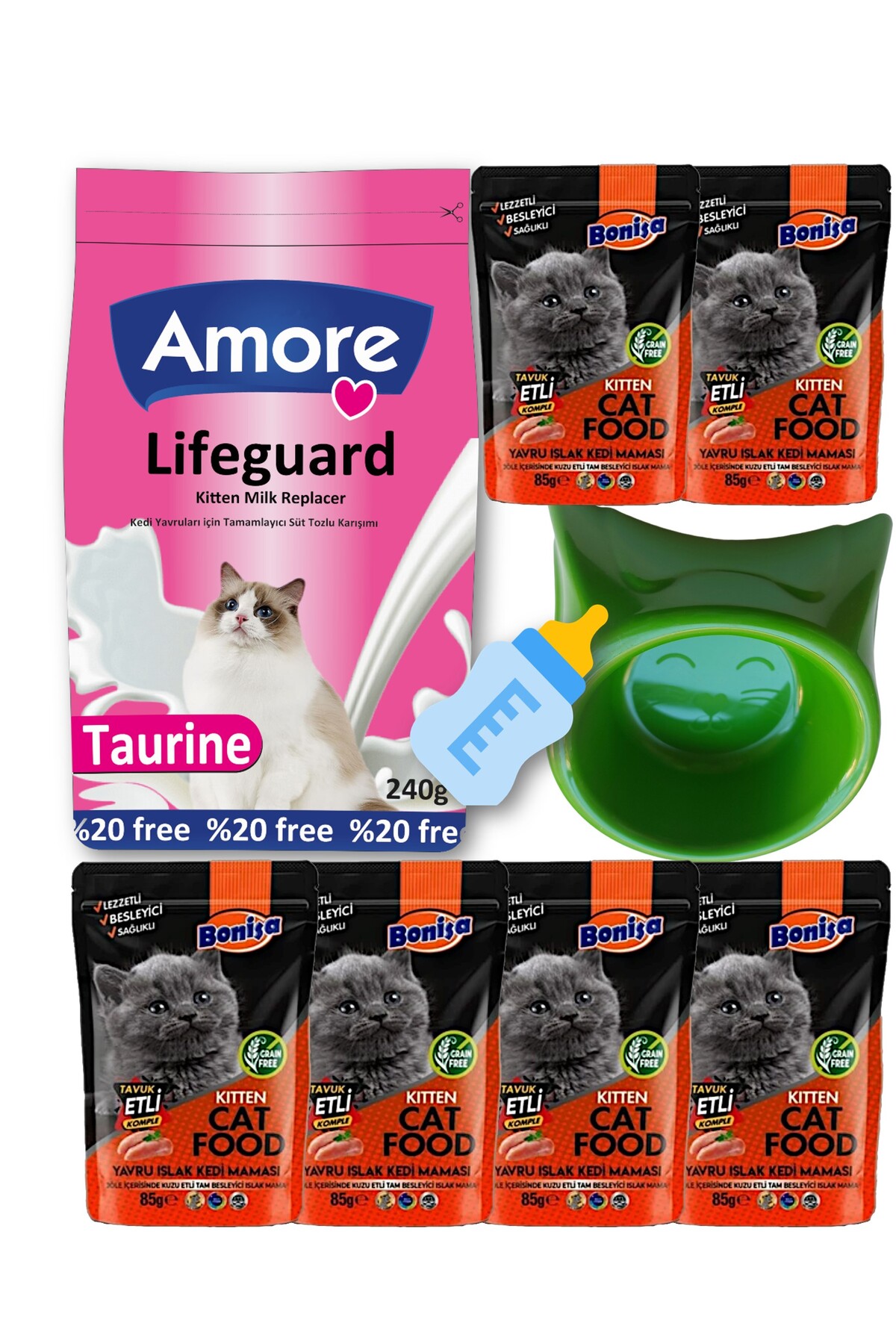 Amore Lifeguard Kitten Milk 240gr, Bonisa Kitten 6-Punch, Biberon, Mama Kabı Seti