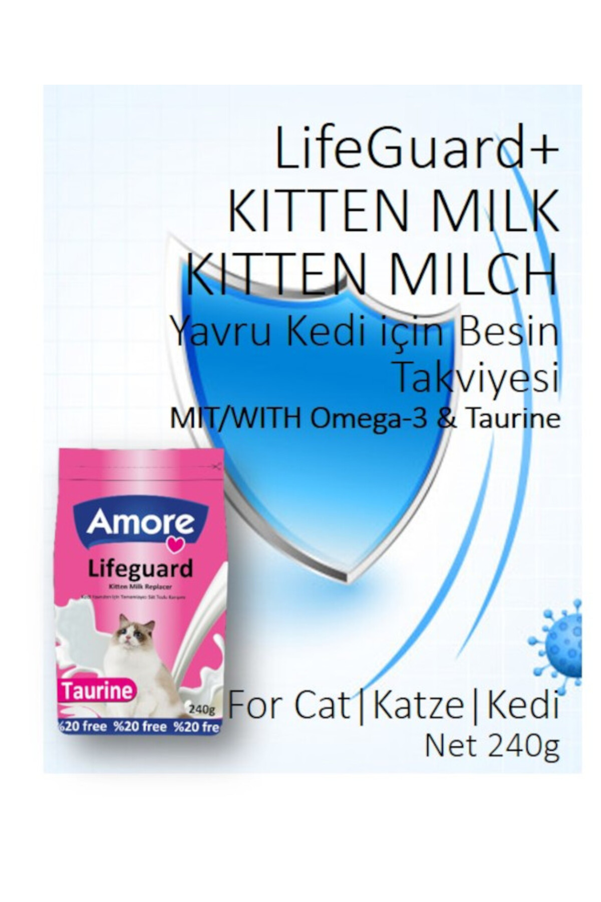 Amore Lifeguard Kitten Milk 240gr, Bonisa Kitten 6-Punch, Biberon, Mama Kabı Seti