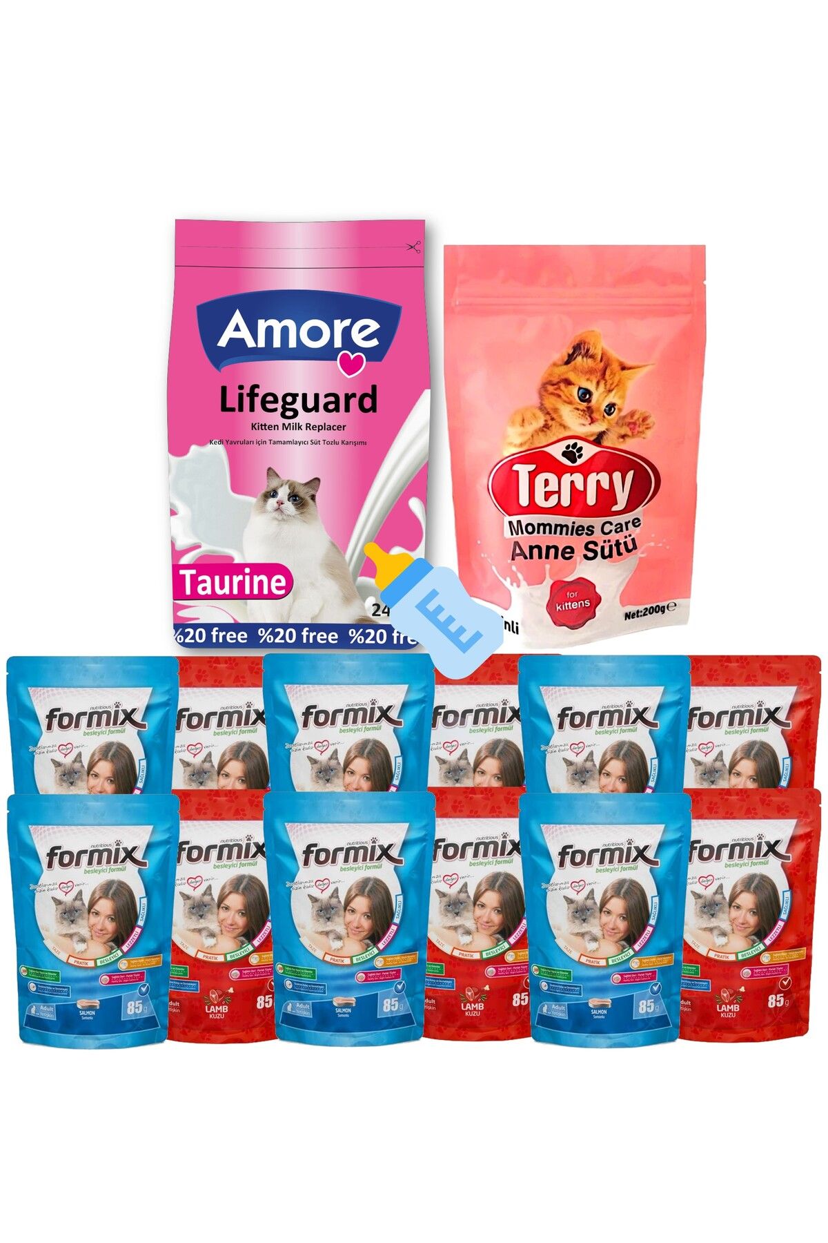 Amorecat Lifeguard Kitten Milk Süt Tozu 240gr, Terry 200gr, 12-formix-punch ıslak Kedi ödülü, Biberon