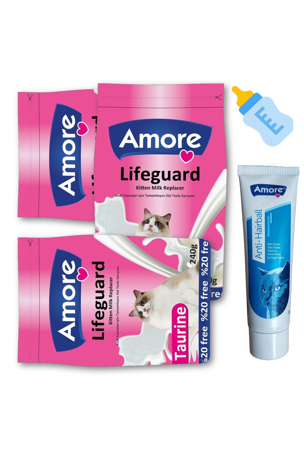 Amorecat Lifeguard Kitten Milk Süt Tozu 3x240gr, Biberon, Anti-hairball Kedi Tüy Yumağı önleyici 100ml Malt
