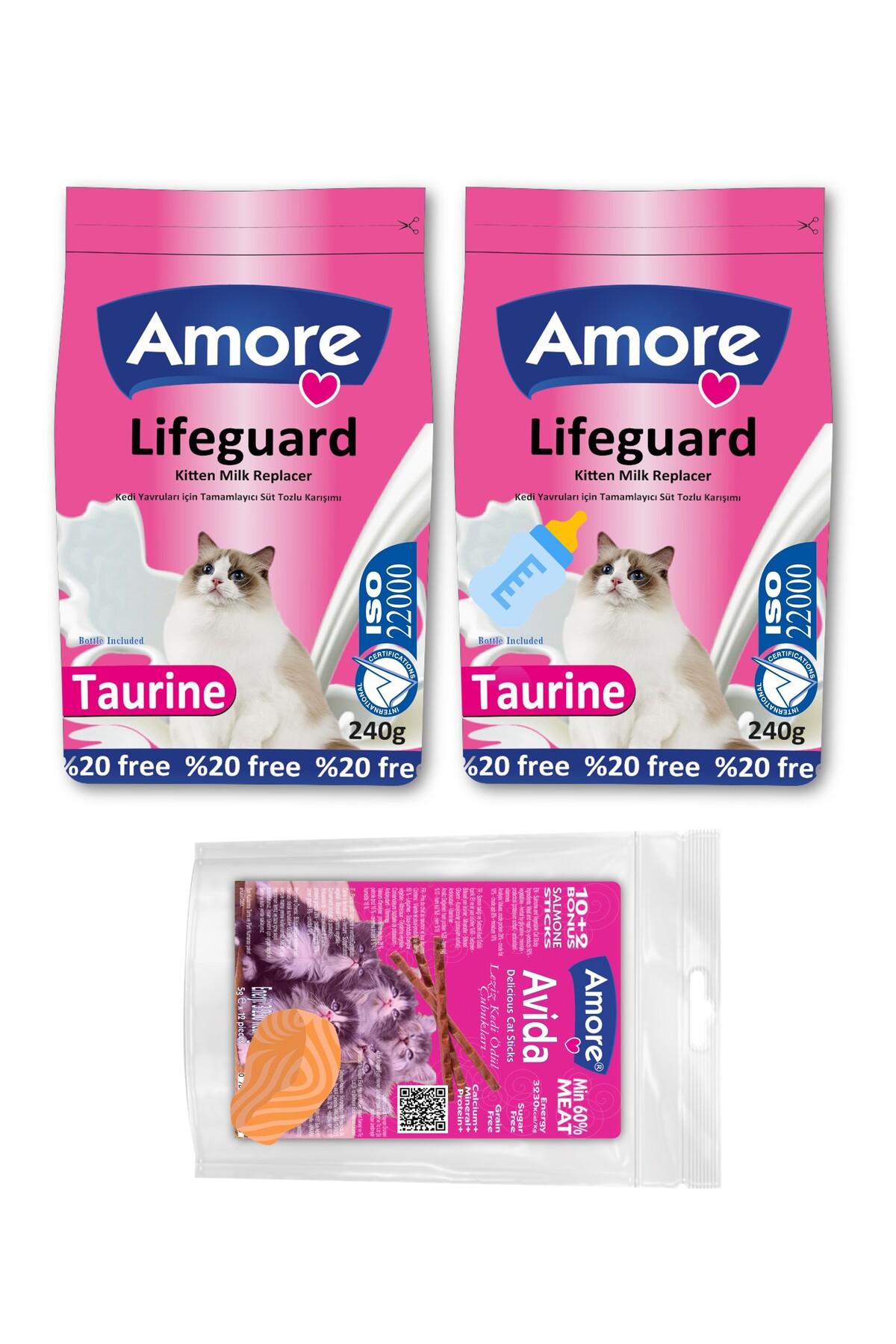 Amore AMORE Lifeguard Kitten Milk Yavru Kedi Sut Tozu 2 adet 240 gr ve Avida 12li Sticks Odul 60 gr, Biberon