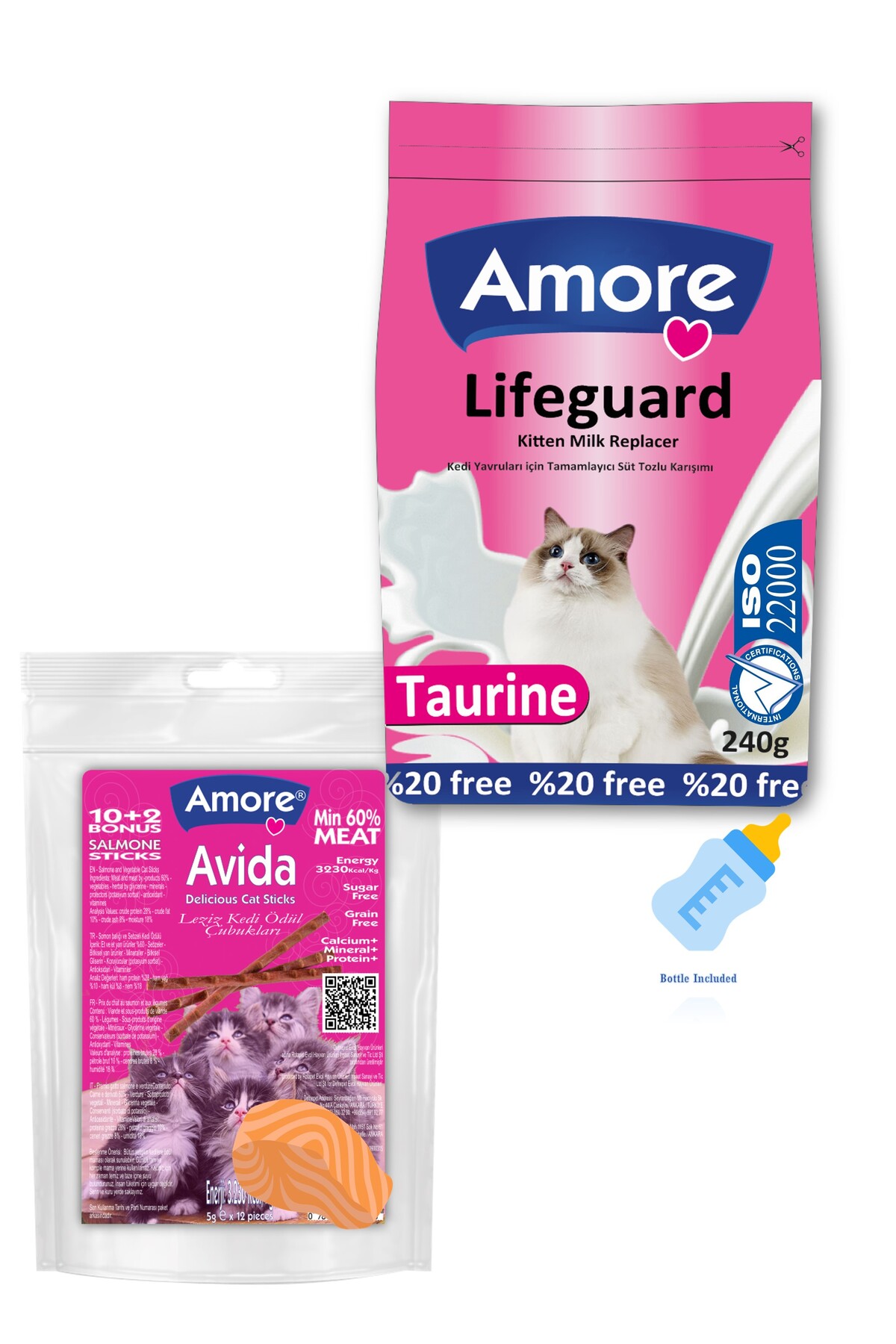 Amorecat Amore Lifeguard Kitten Milk Yavru Kedi Sut Tozu 240 Gr Ve Avida 12li Sticks Kedi Odulu 60 Gr, Biberon