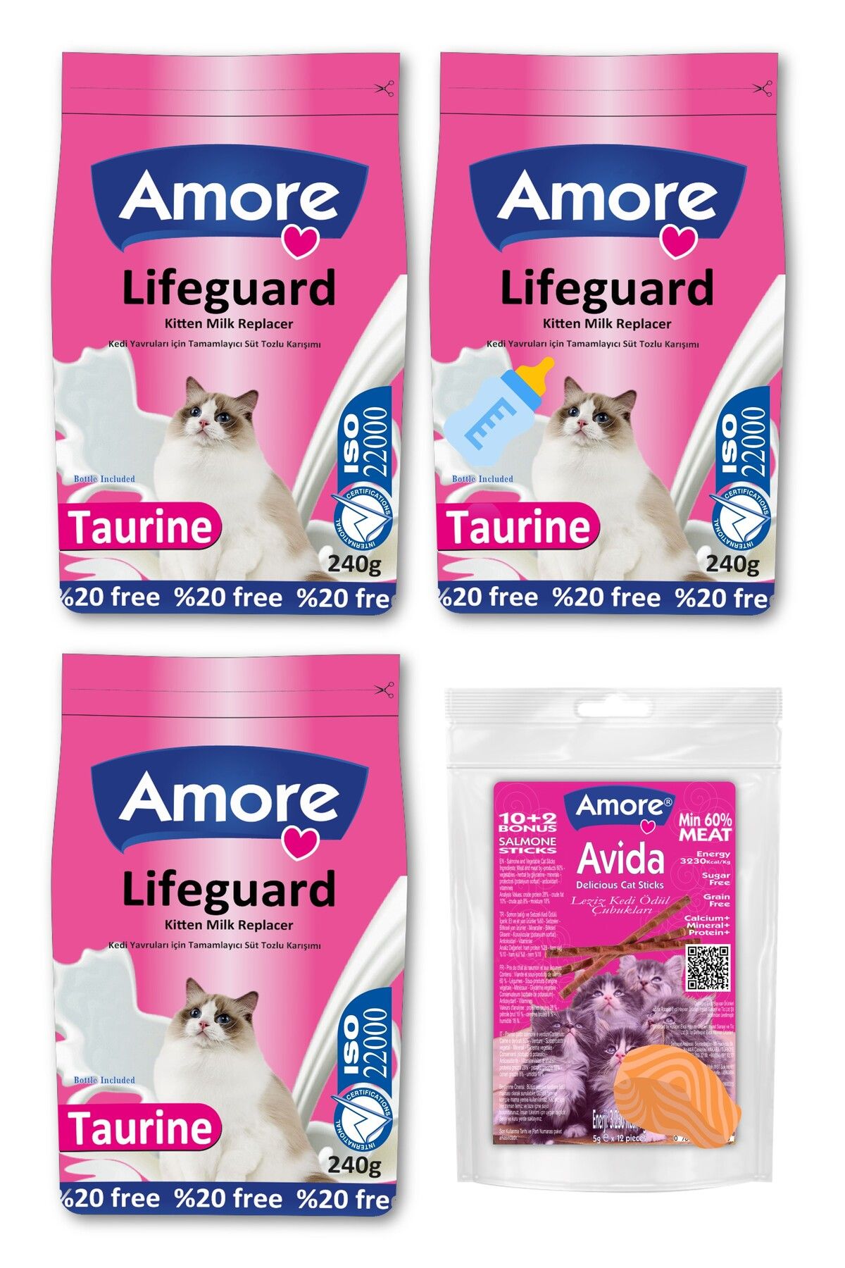 Lifeguard Kitten Milk 3 adet 240 gr ve Avida 12li Sticks Kedi Odulu 60 gr, Biberon