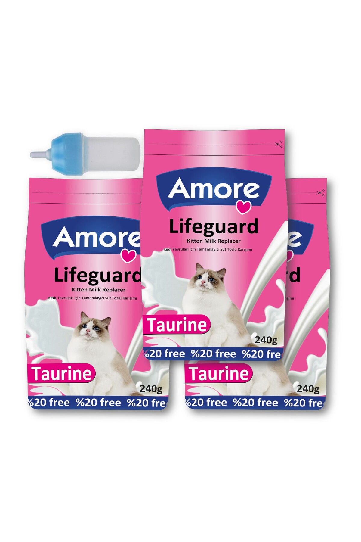 Lifeguard Kitten Milk 3 adet 240 gr ve Avida 12li Sticks Kedi Odulu 60 gr, Biberon