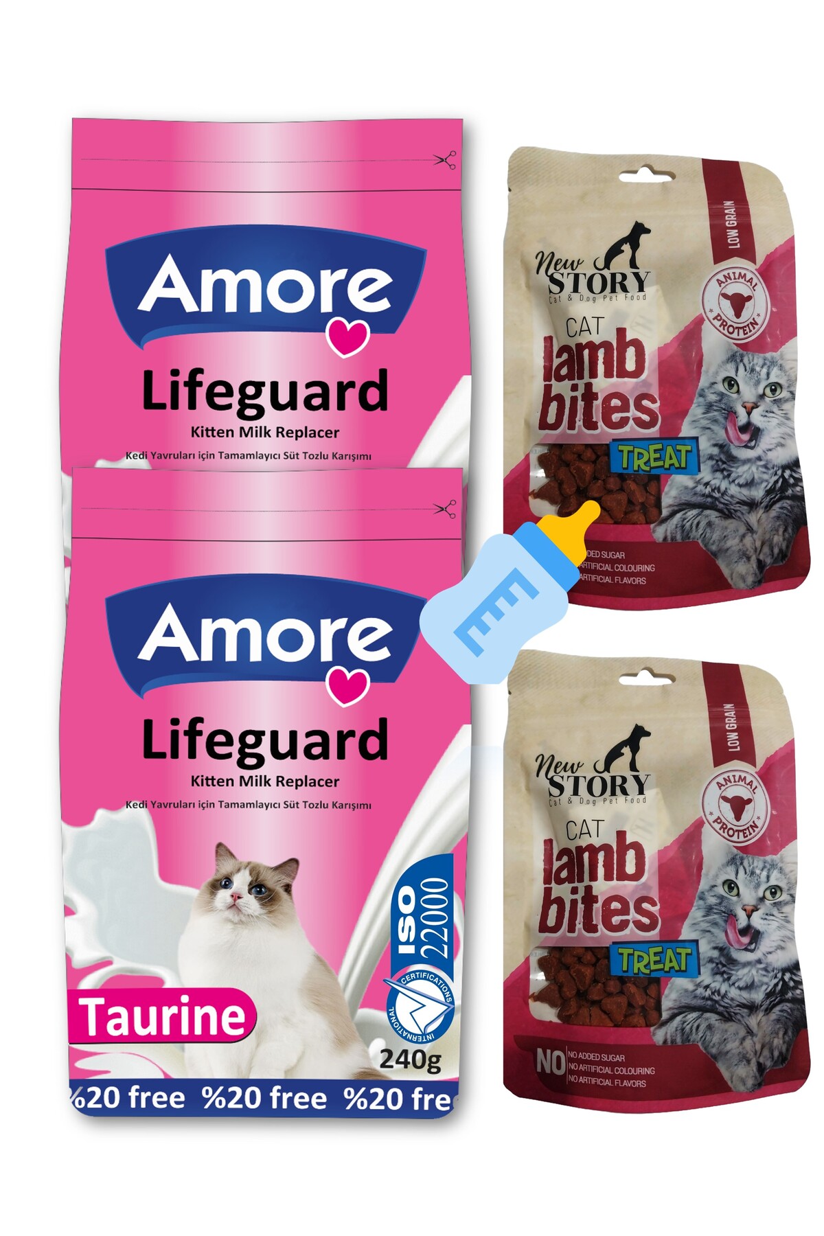 Amore Lifeguard Premium Yavru Kedi Sut Tozu 240 gr X 2, Cat Lamb Bites Cat Threat 60 gr X 2