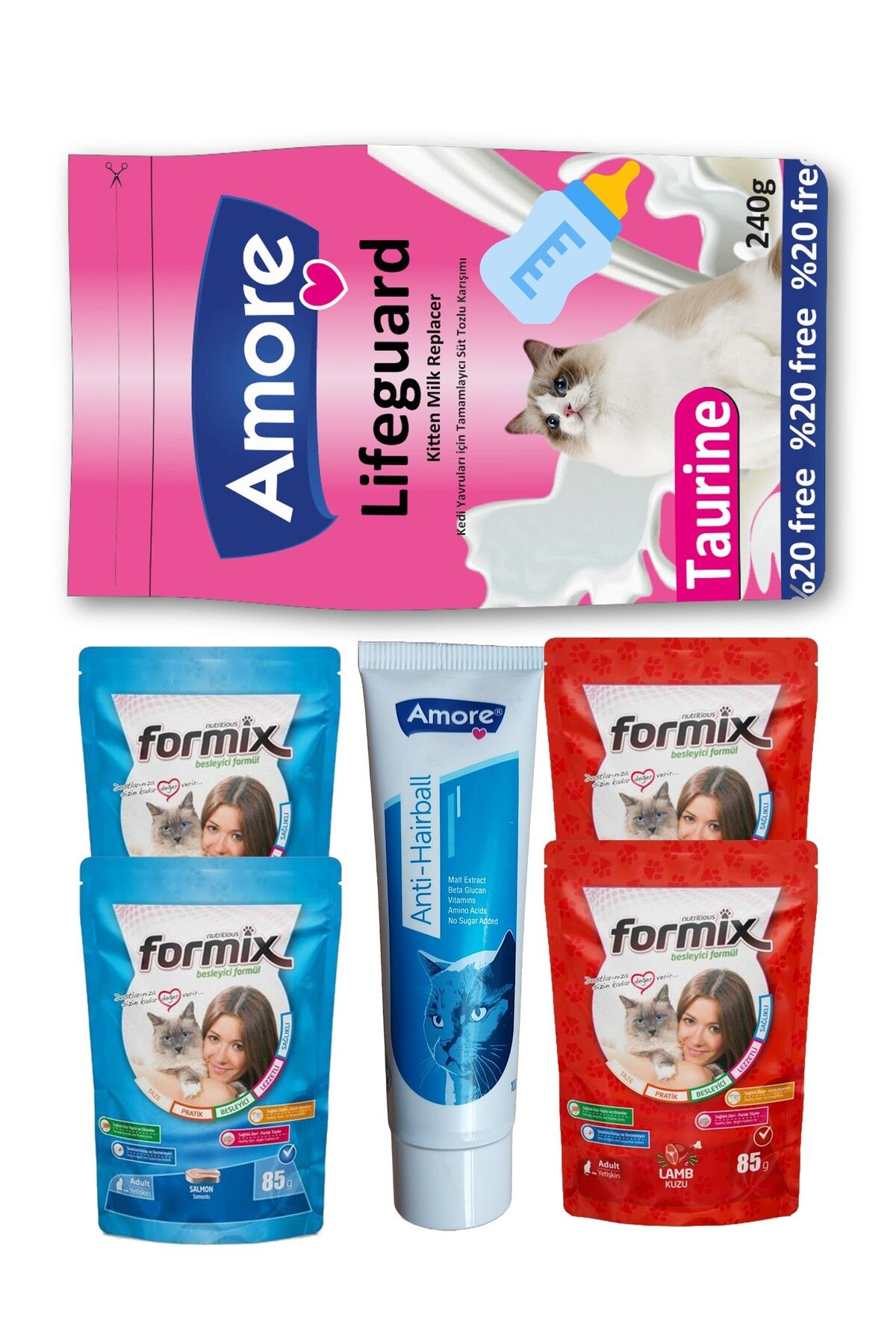 Amorecat Lifeguard Yavru Kedi Süt Tozu 240gr, Biberon, 4-formix-punch, Tüy Yumağı önleyici Paste