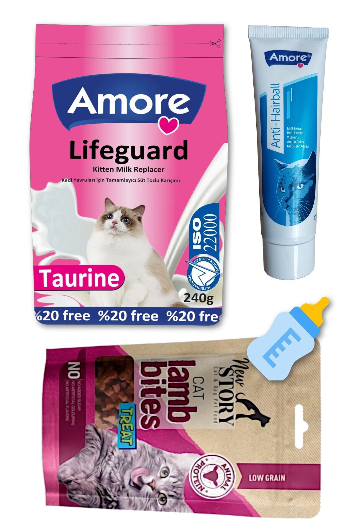 Amorecat Lifeguard Yavru Kedi Süt Tozu 240gr, Biberon, Cat Lamb Bites 60gr ödül, Tüy Yumağı önleyici Malt