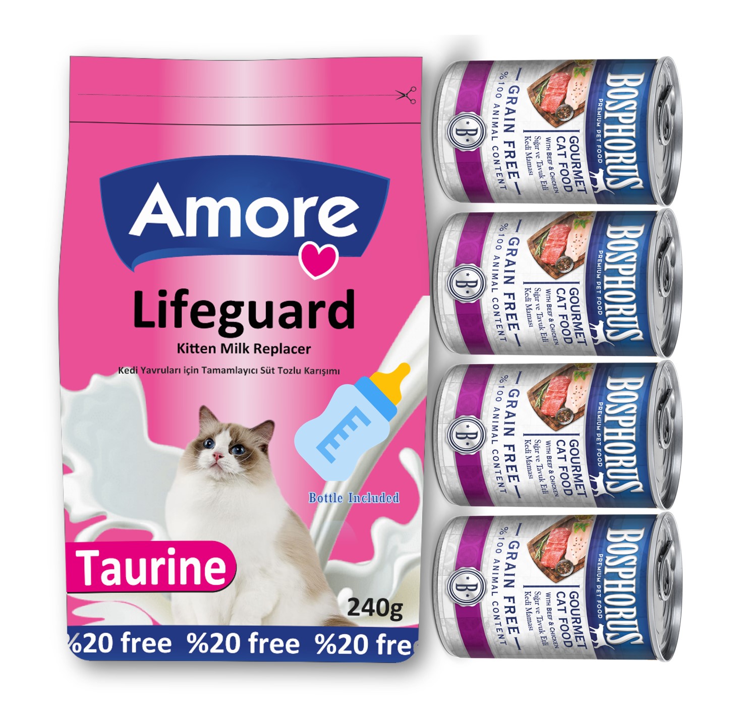 Amore LifeGuard Yavru Kedi Süt Tozu 240gr ve Biberon ve Gurme Konserve 4x415gr